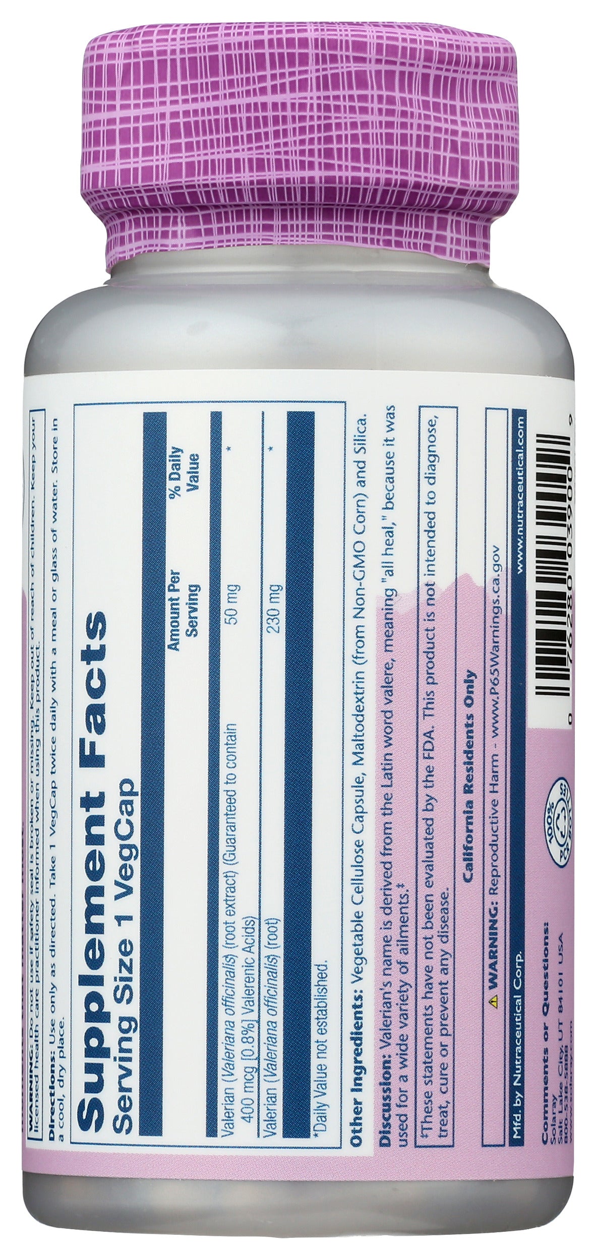 Solaray Vital Extracts Valerian 50 mg 60 VegCaps Back of Bottle