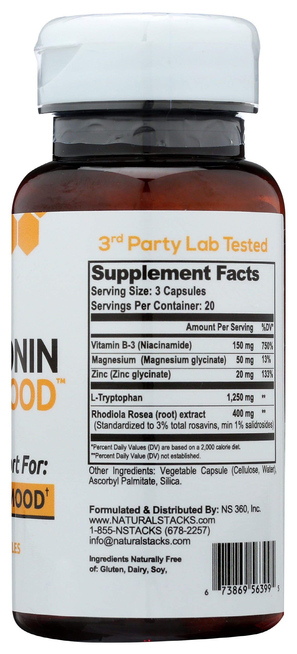 Natural Stacks Serotonin Brain Food 60 Vegetarian Capsules Back of Bottle