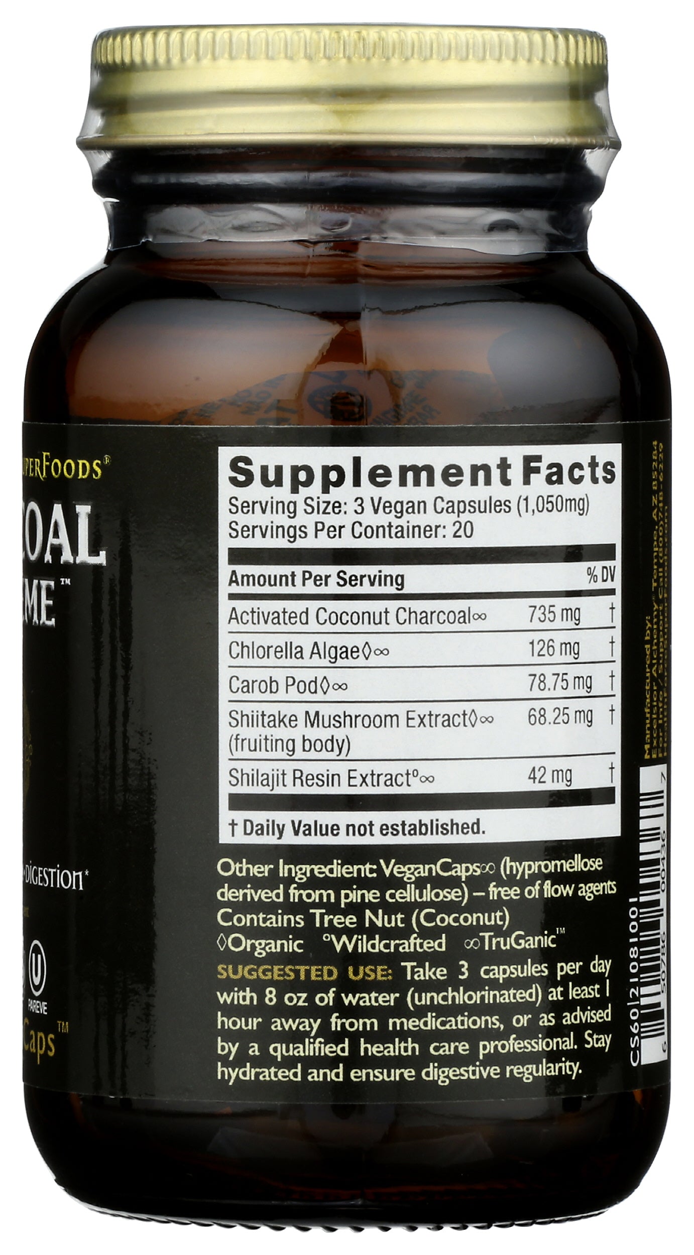 HealthForce SuperFoods Charcoal Supreme 60 VeganCaps Back of Bottle
