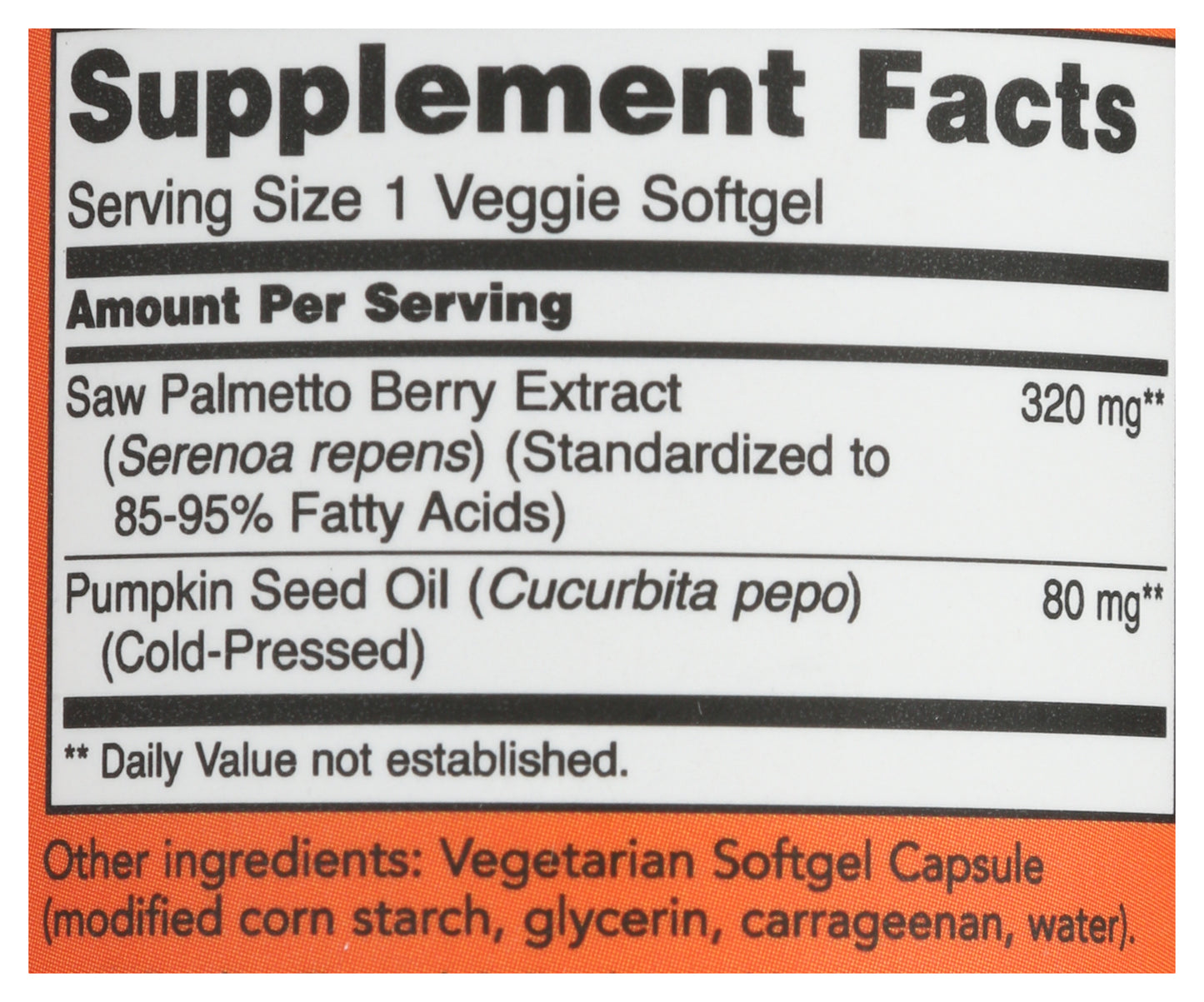 Now Saw Palmetto Extract 320mg 90 Veggie Softgels Back of Bottle