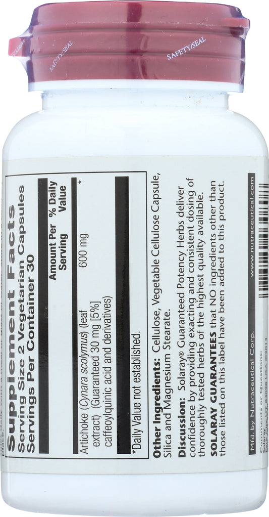 Solaray Artichoke 600 mg 60 VegCaps Back of Bottle