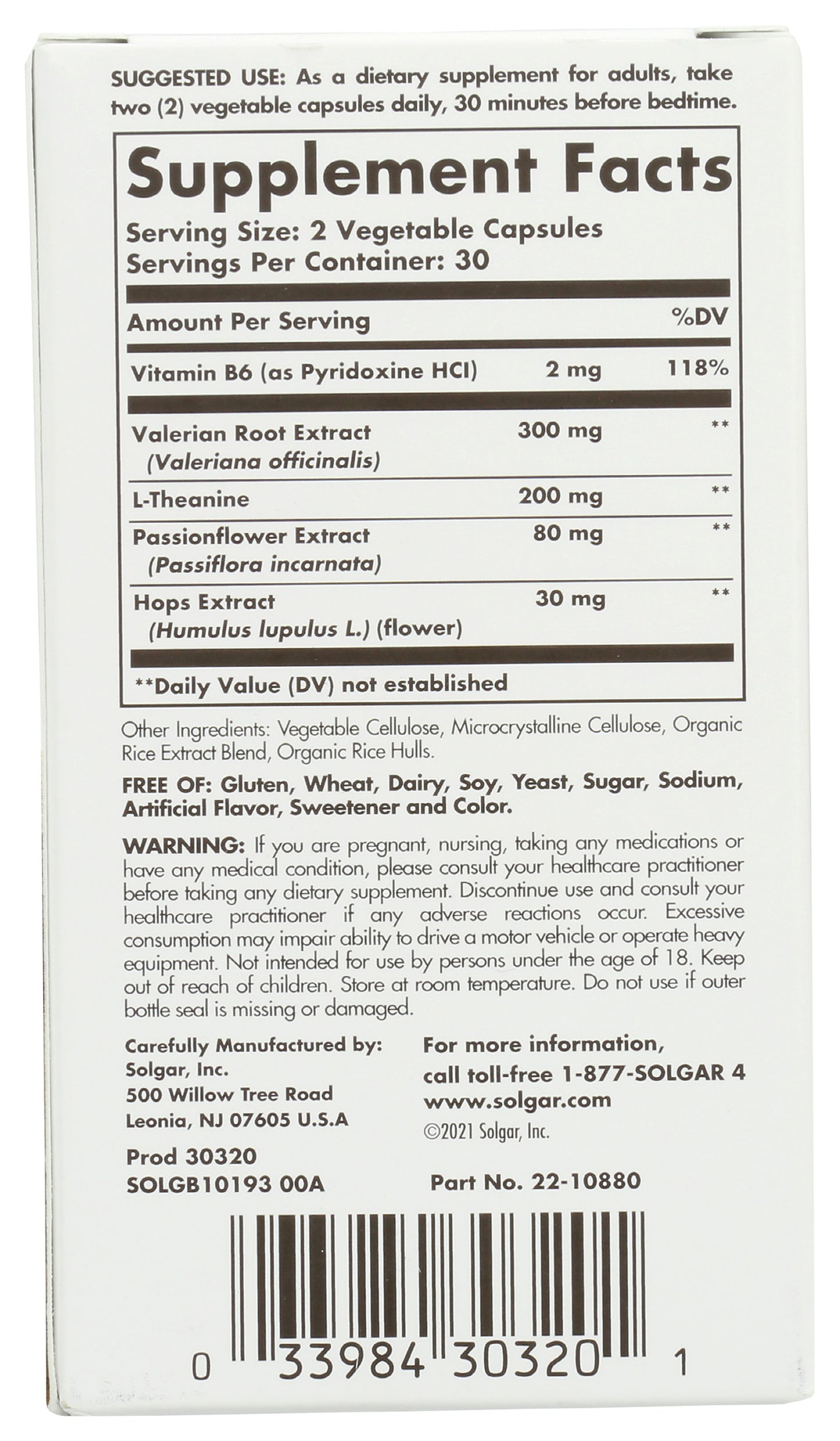 Solgar Sleep & Stress Support 60 Vegetable Capsules Back of Box