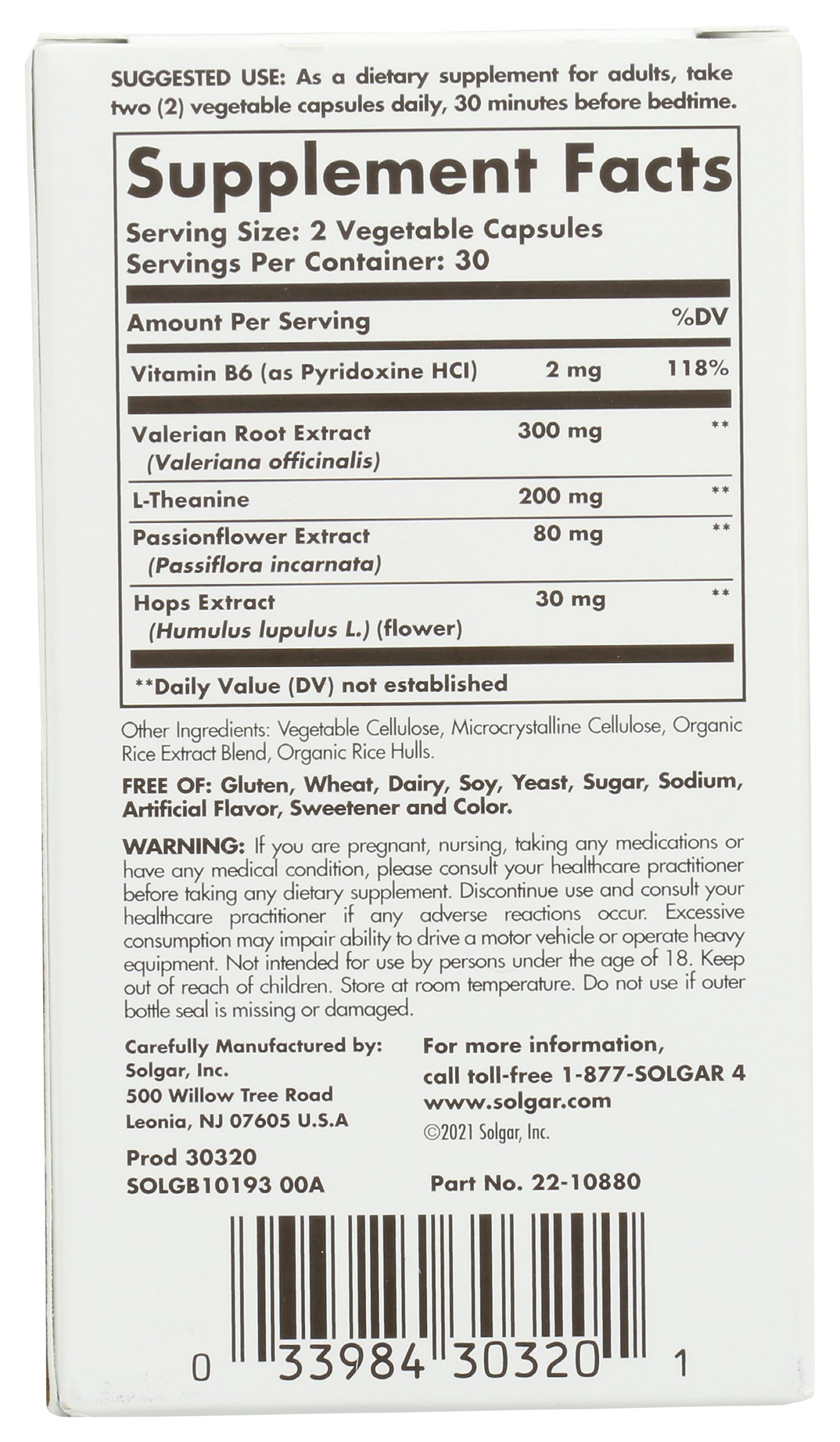 Solgar Sleep & Stress Support 60 Vegetable Capsules Back of Box