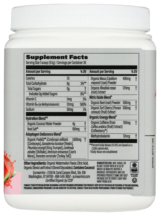 Sunwarrior Active Energy Watermelon Wave Flavor 10oz Back of Tub