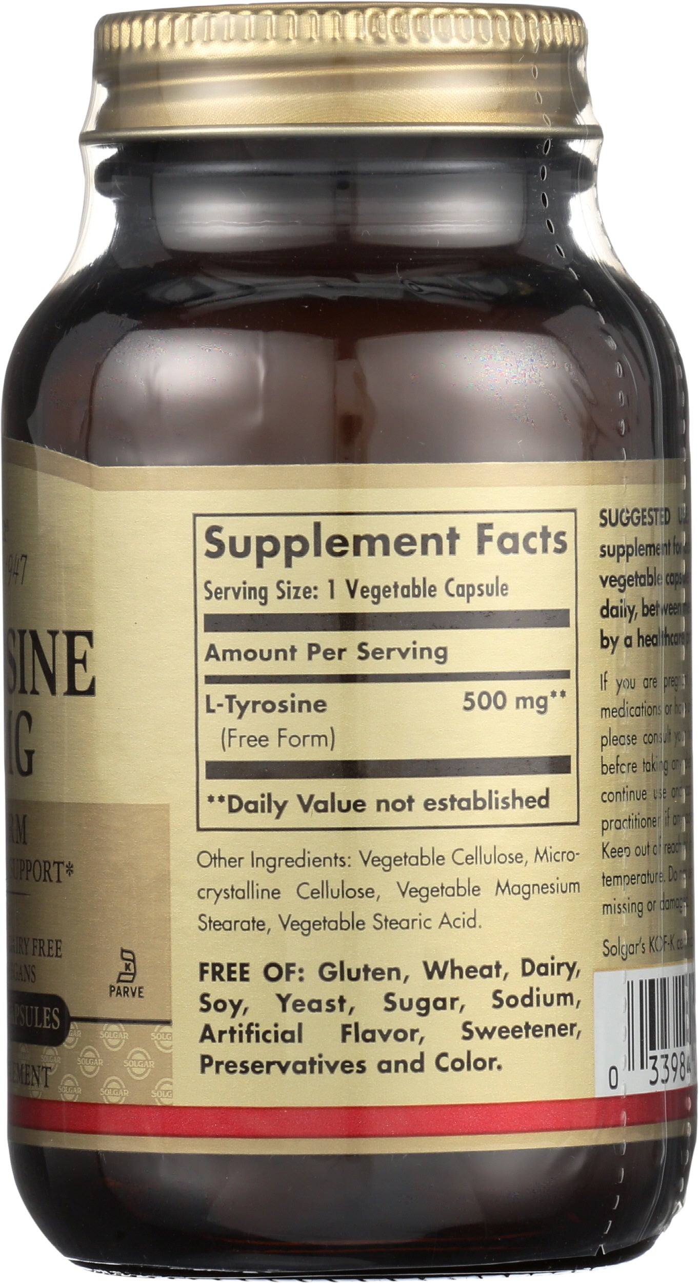 Solgar L-Tyrosine 500 mg 50 Vegetable Capsules Back