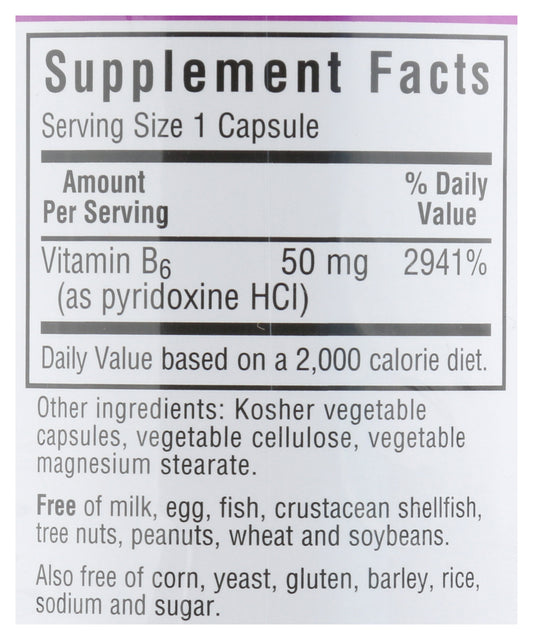 Bluebonnet Vitamin B6 50mg 90 Vegetable Capsules Back of Bottle