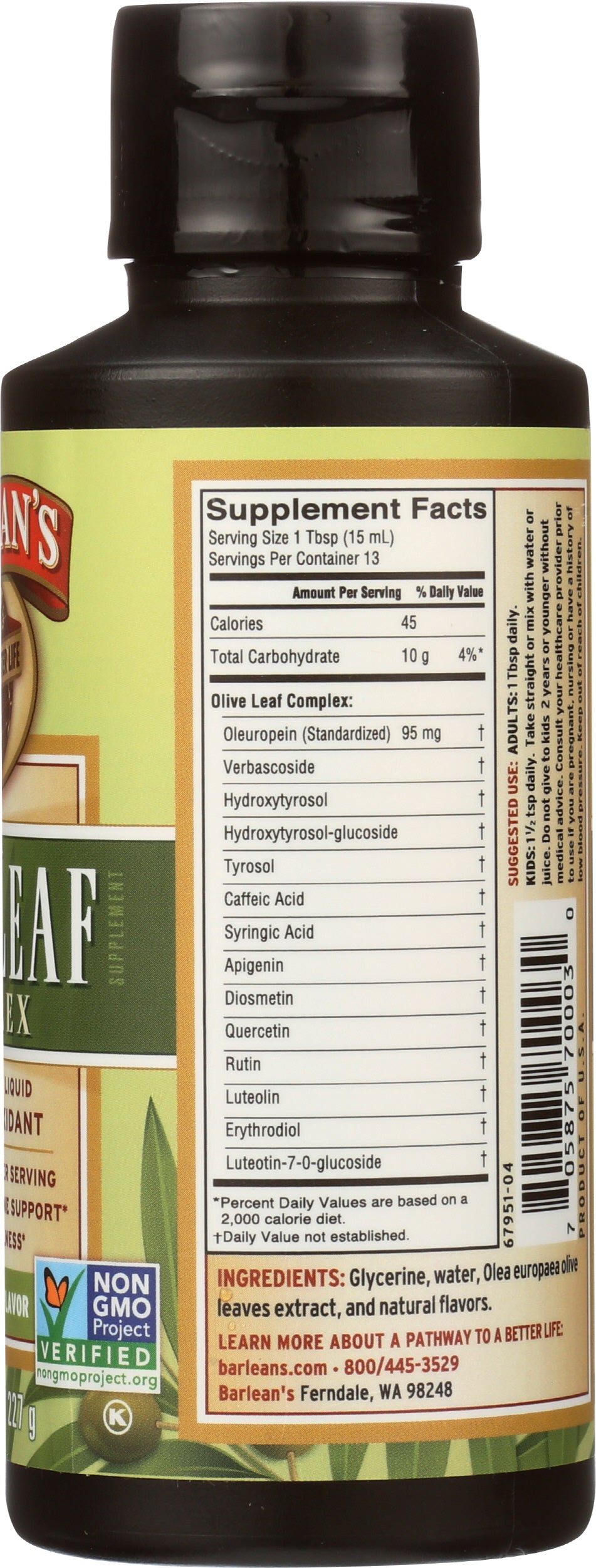 Barlean's Olive Leaf Complex 8 oz Back of Bottle