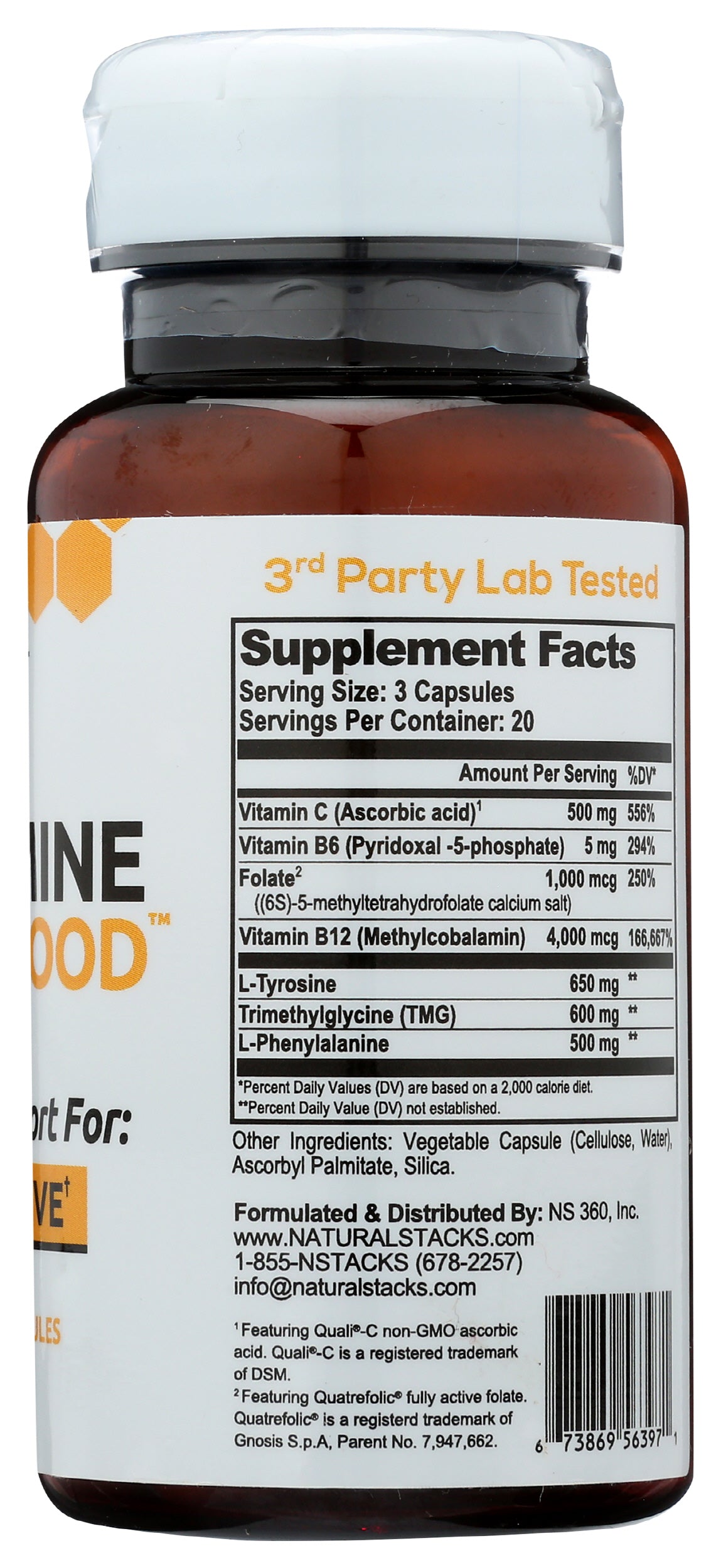 Natural Stacks Dopamine Brain Food 60 Vegetarian Capsules Back of Bottle