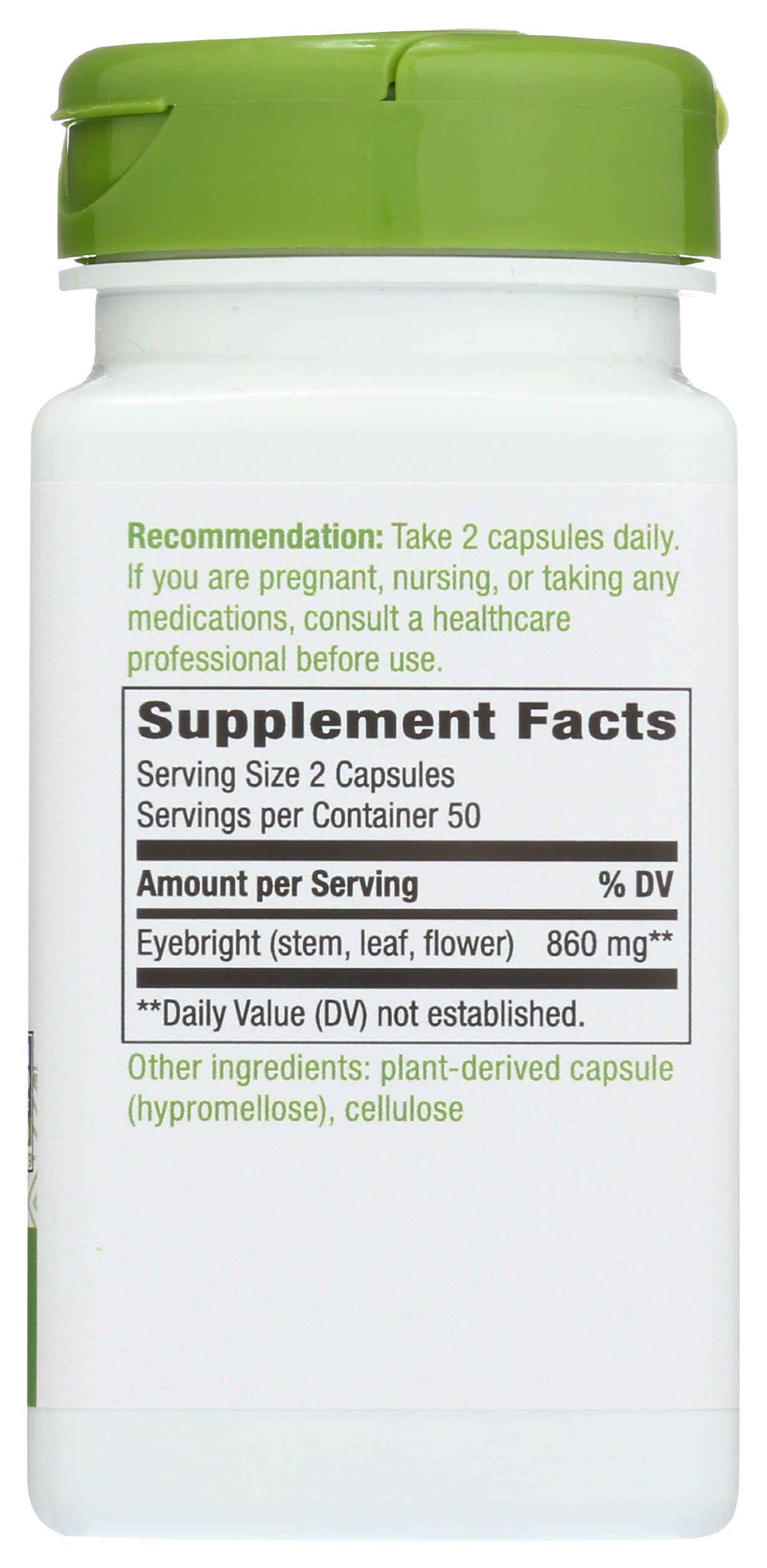 Nature's Way Eyebright Herb 860mg 100 Vegan Capsules Back of Bottle