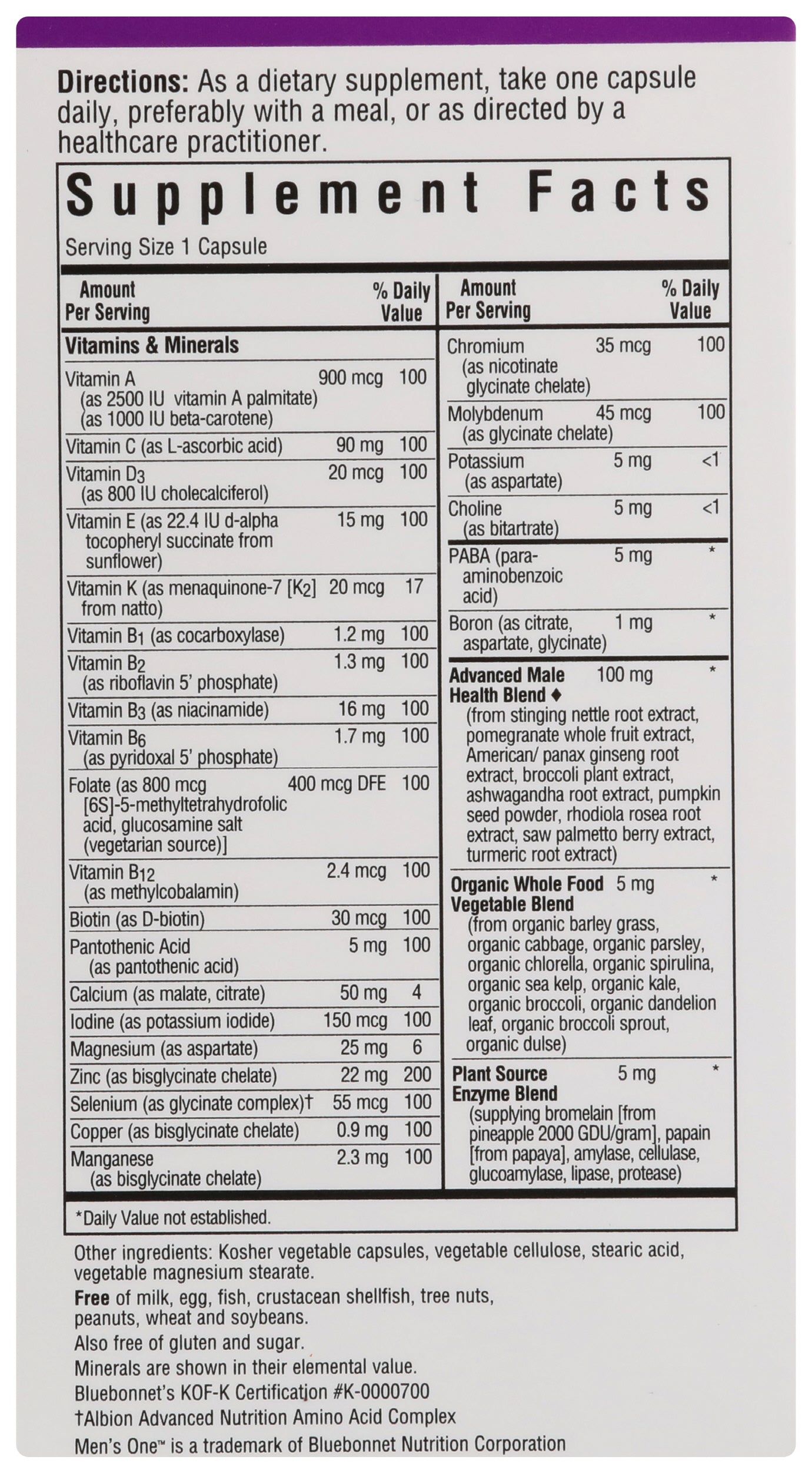 Bluebonnet Men's One Multivitamin 30 Vegetable Capsules Back of Box