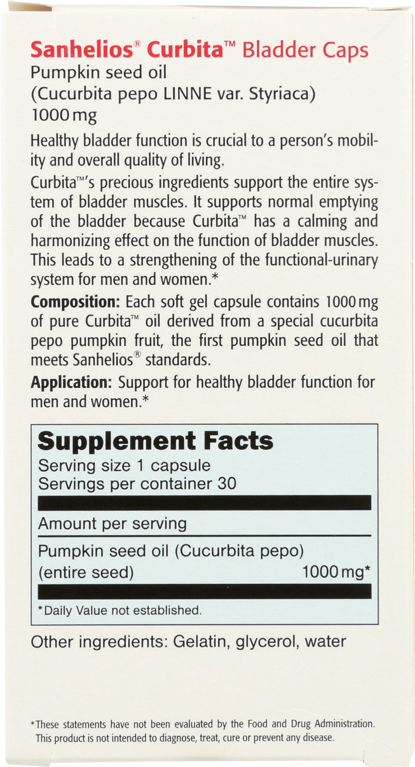 Sanhelios Curbita Bladder Caps 1,000mg Pumpkin Seed Oil 30 Soft Gel Capsules