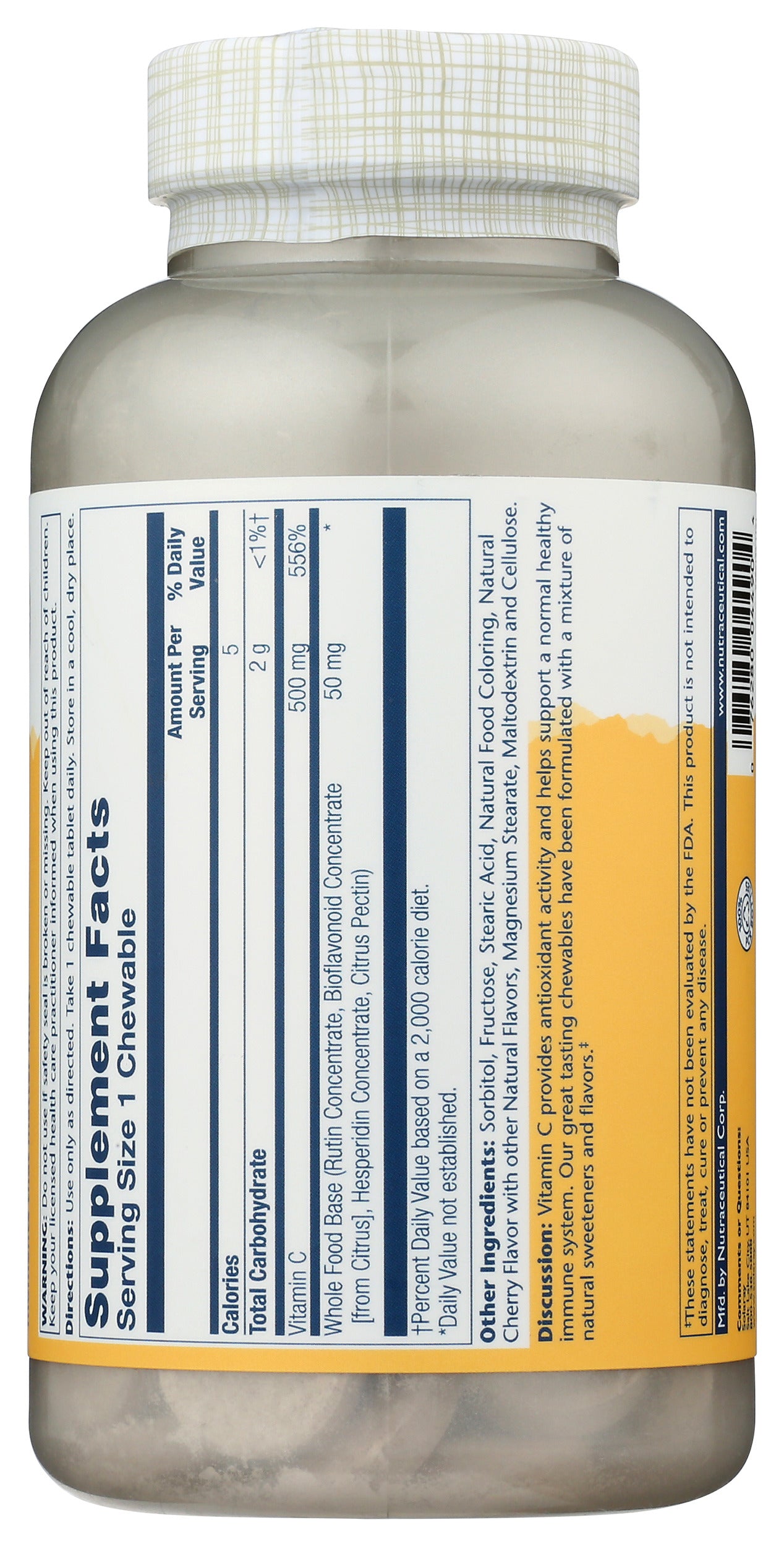 Solaray Vitamin C 500mg 100 Chewables Back of Bottle