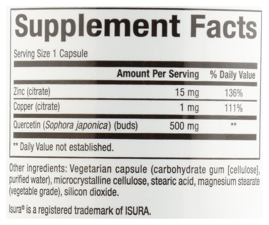 Natural Factors Quercetin with Zinc & Copper 60 Capsules Back of Bottle