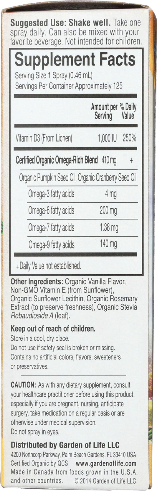 Garden of Life Vegan D3 1,000 IU 2 Fl Oz Back of Box