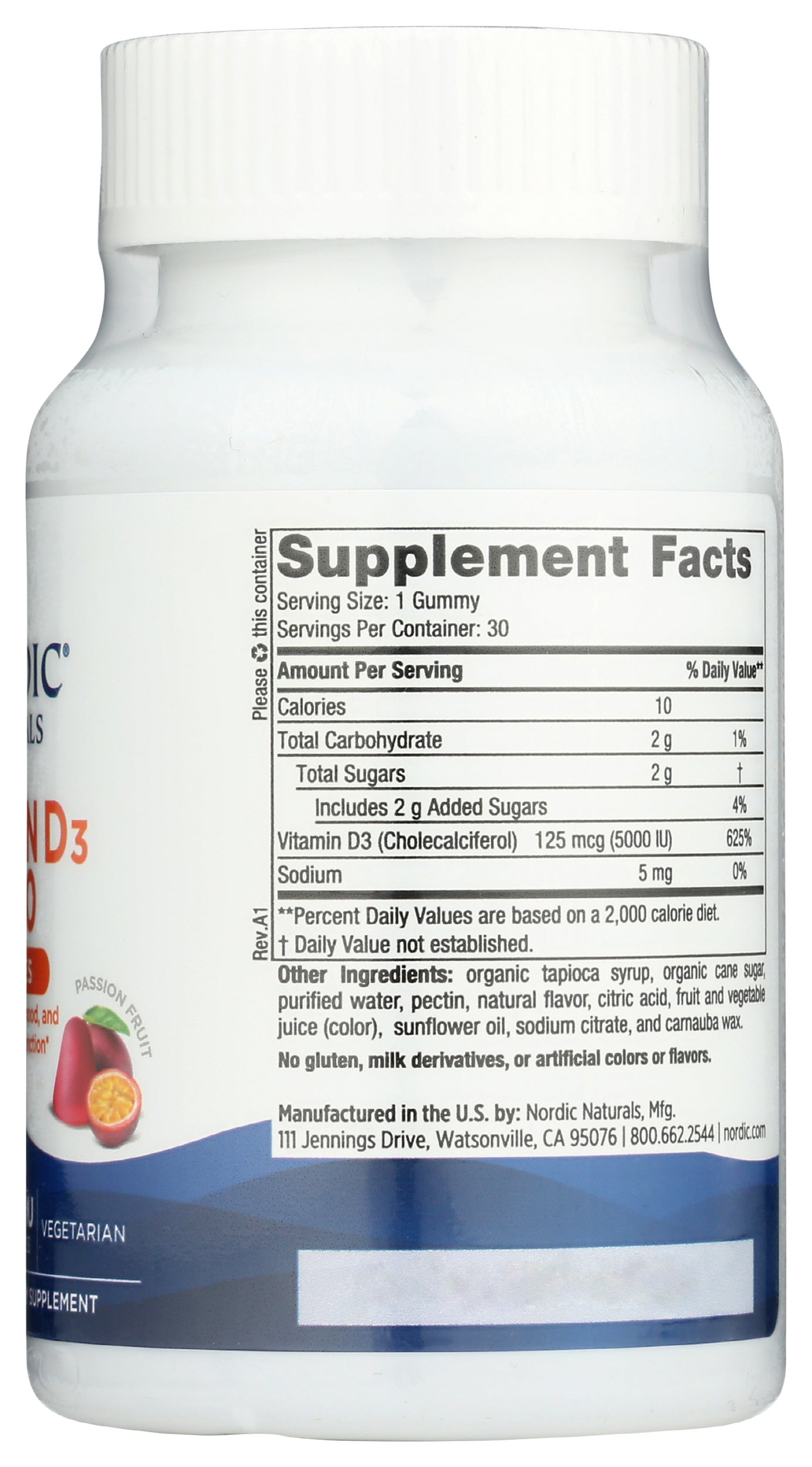 Nordic Naturals Vitamin D3 5,000 IU 30 Gummies Back of Bottle