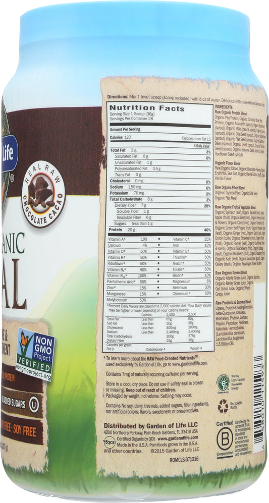 Garden of Life Raw Organic Meal Chocolate Cacao Flavor 1017g Back of Tub