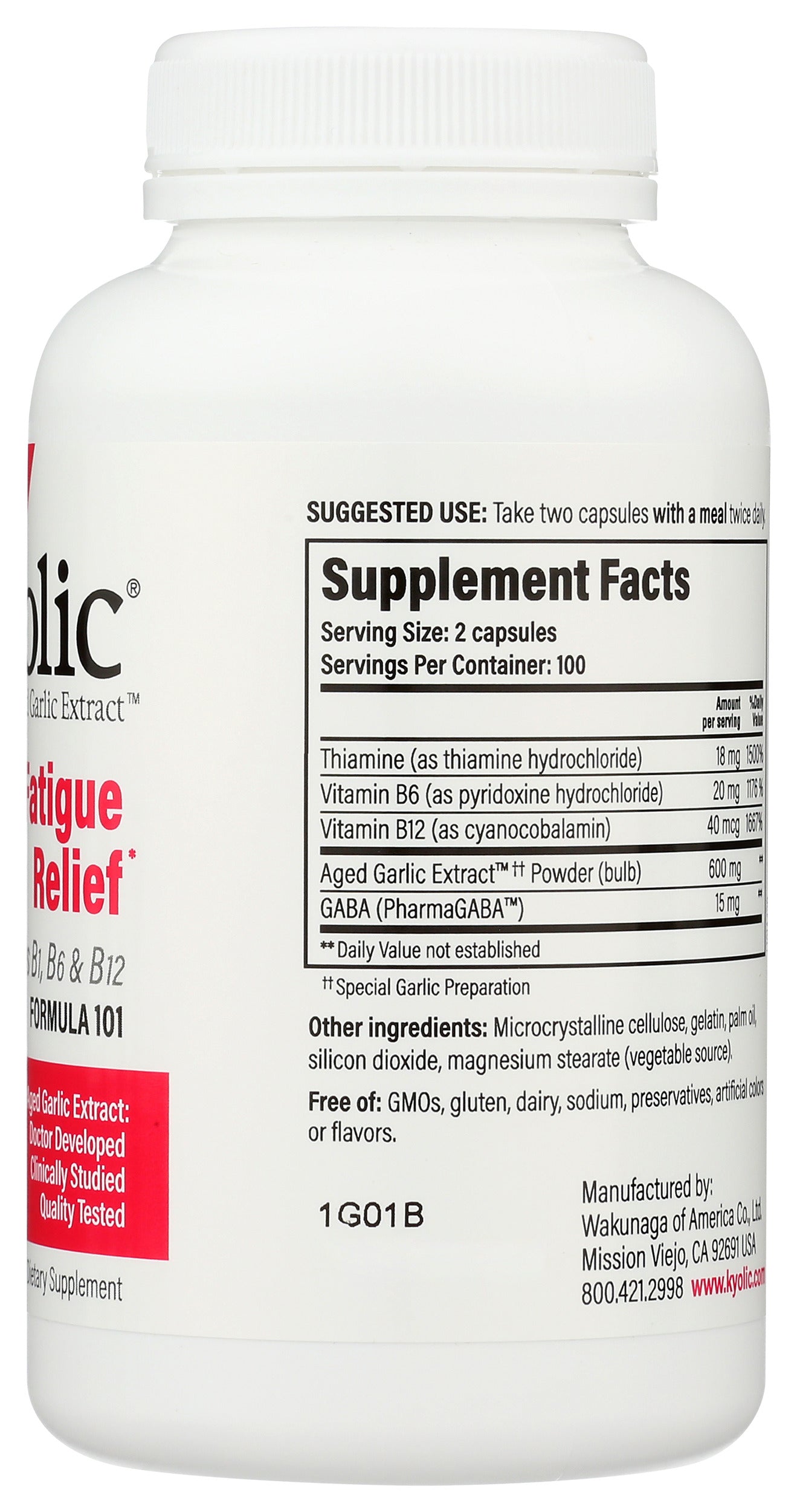 Wakunaga Kyolic Aged Garlic Extract Stress & Fatigue Relief Formula 101 200 Capsules Back