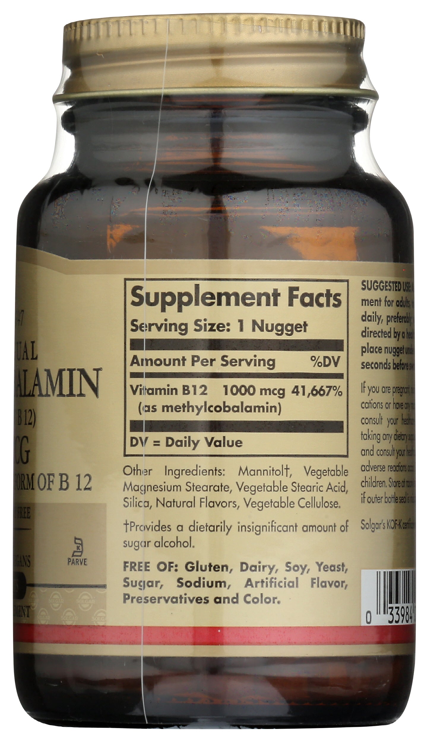 Solgar Methylcobalamin Vitamin B12 1000 mcg 60 Nuggets Back of Bottle