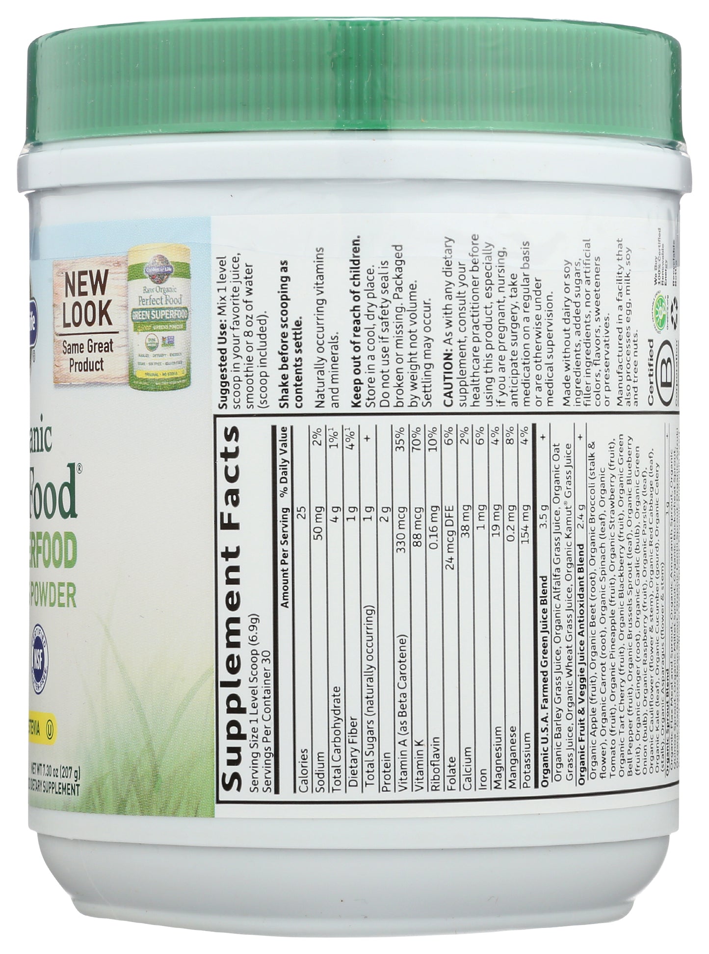 Garden of Life Raw Organic Perfect Food Green Superfood 30 Servings Back of Bottle