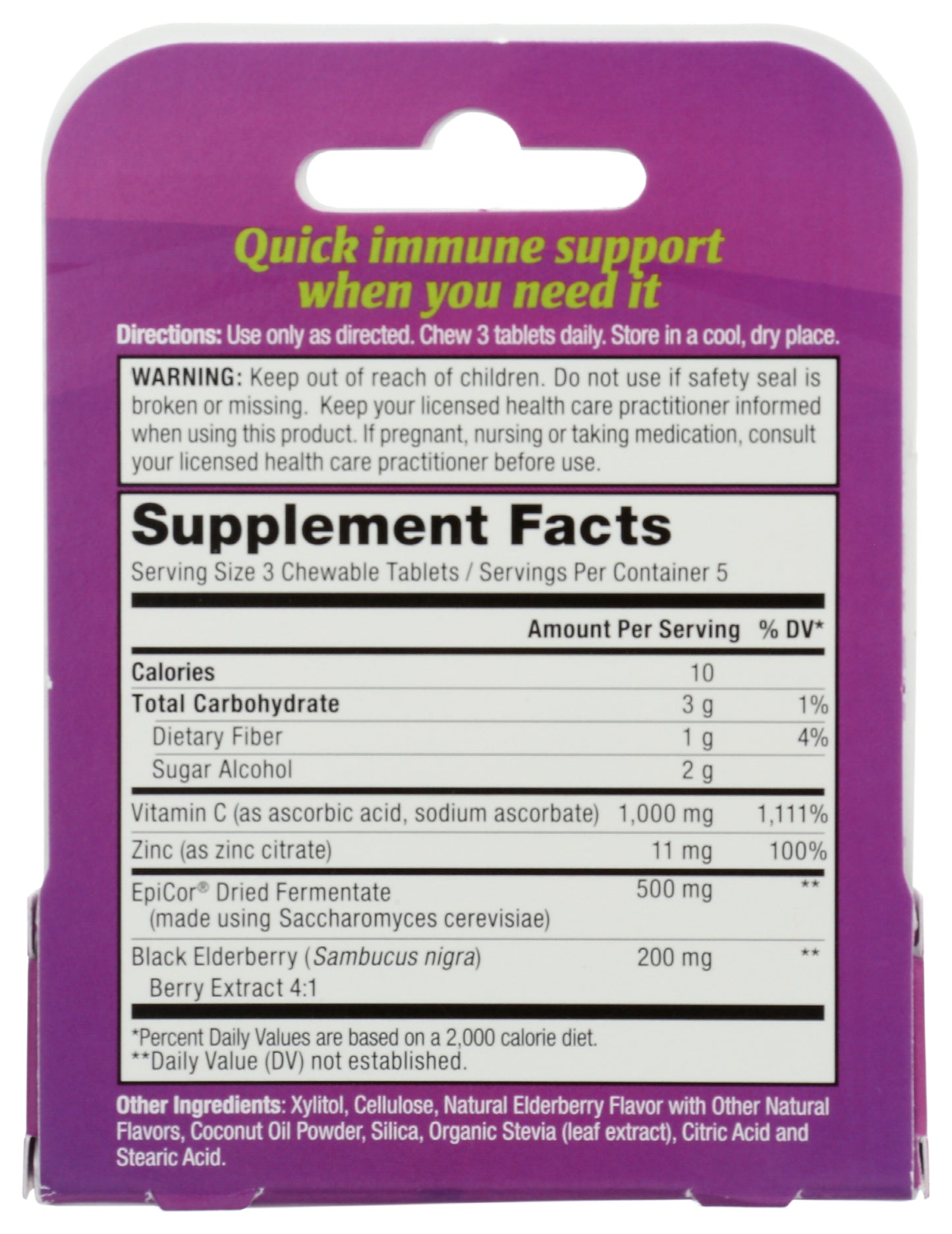 Zand Immunity Immune Fast 15 Sweet Elderberry Flavored Chewable Tablets Back of Box
