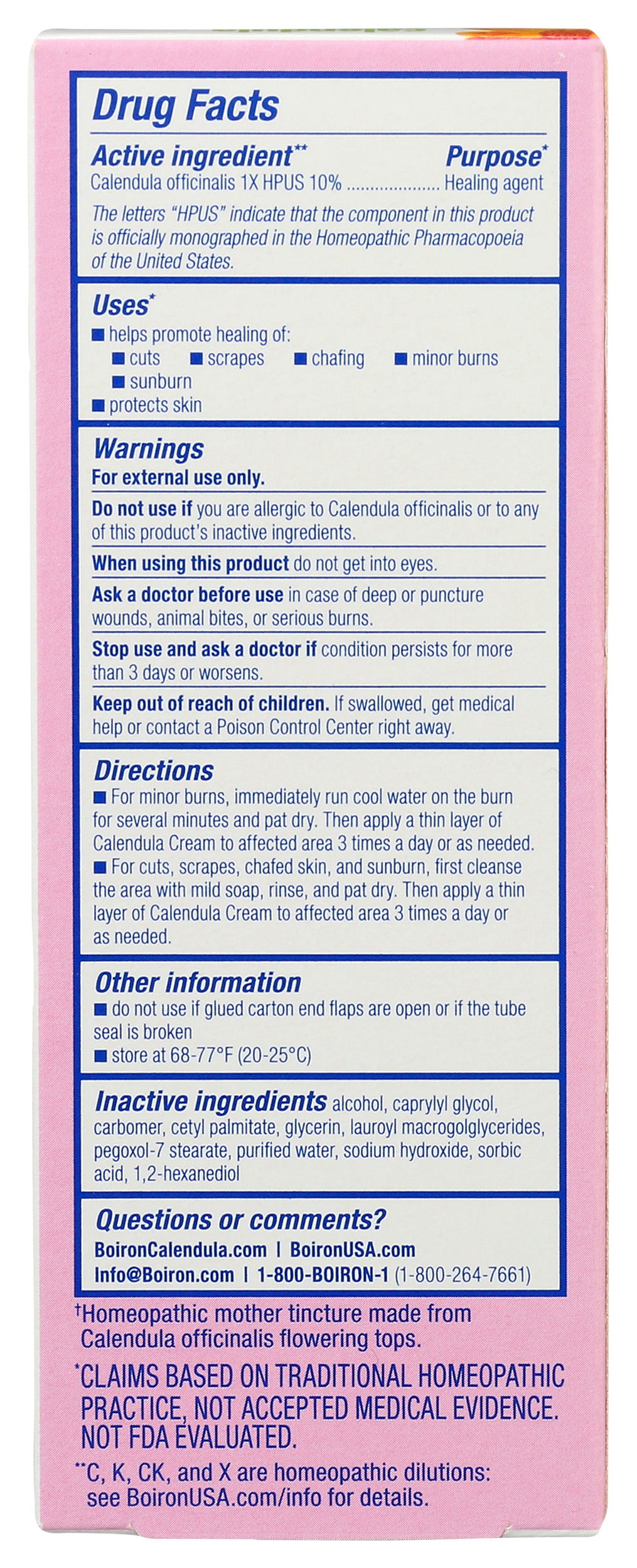 Boiron Calendula Cream 2.5 oz Back