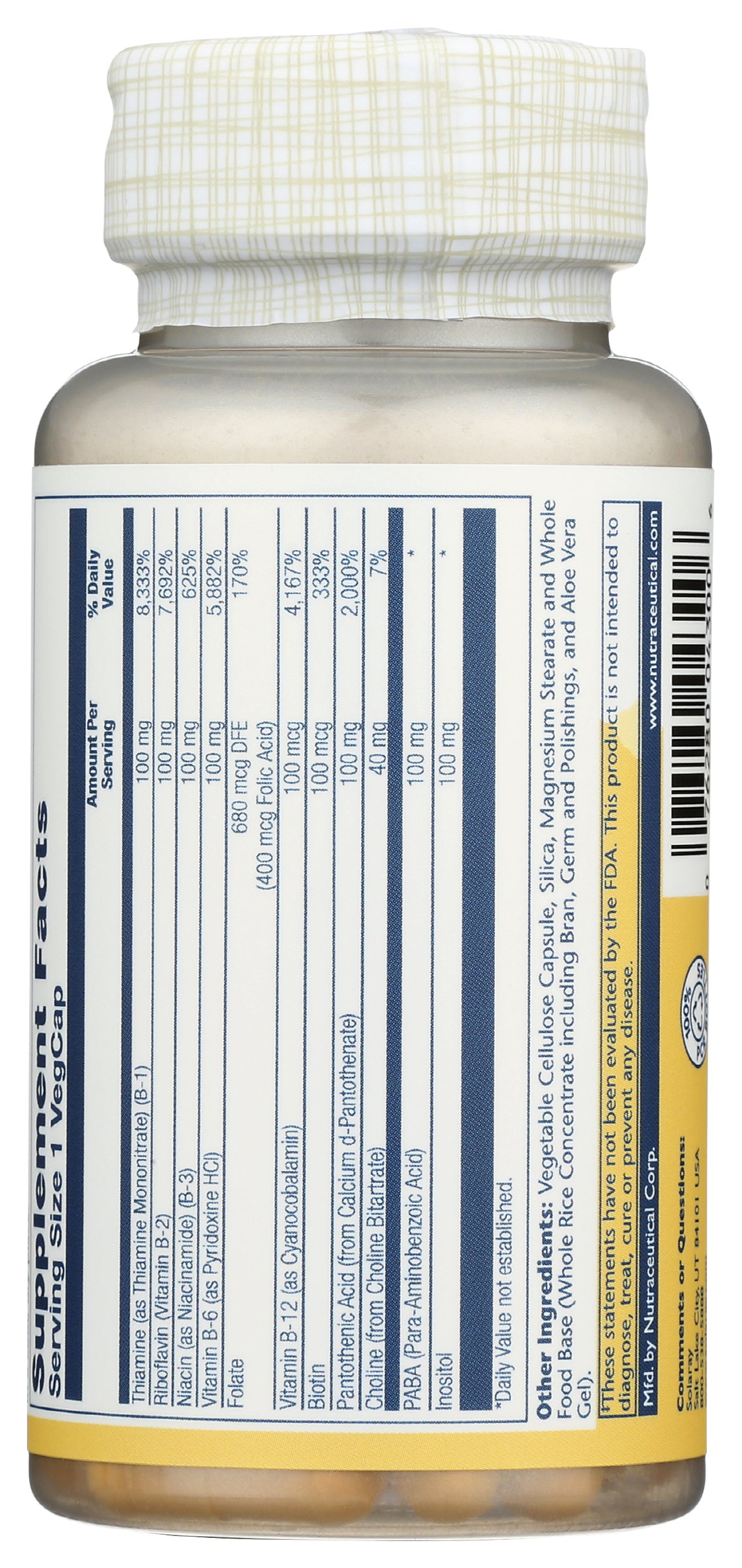 Solaray Vitamin B-Complex 100 50 VegCaps Back of Bottle