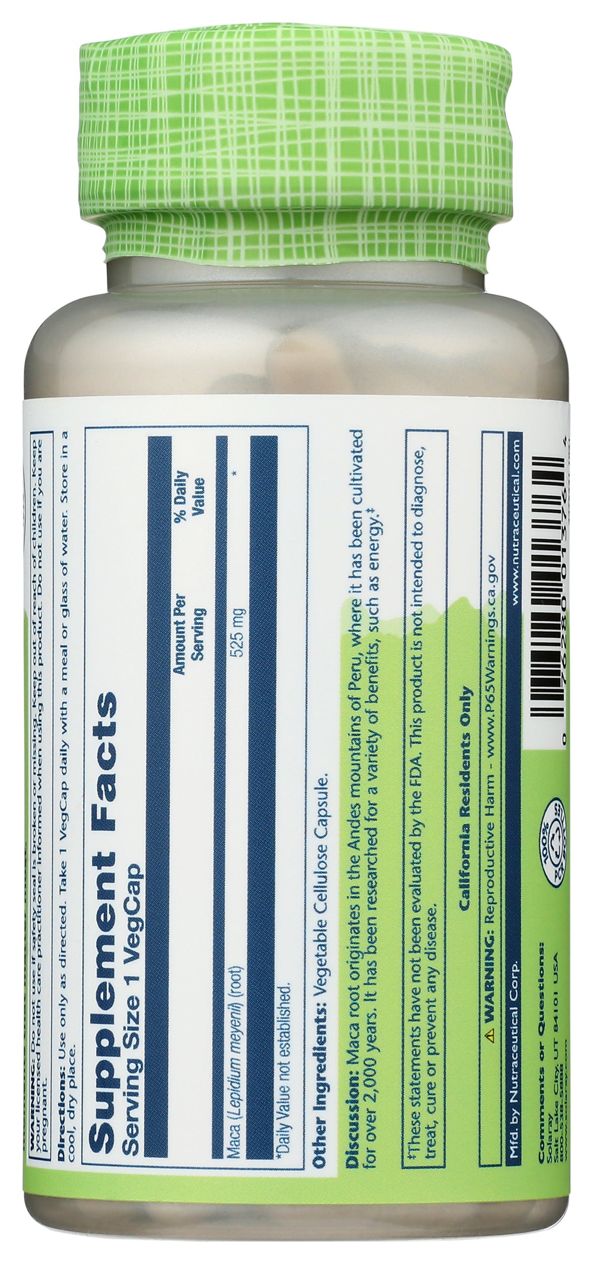 Solaray Maca Root 525mg 100 VegCaps Back of Bottle