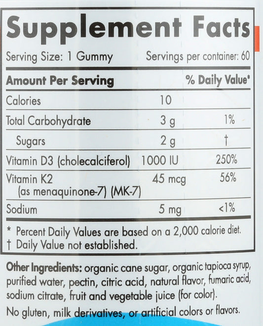Nordic Naturals Vitamin D3 + K2 Gummies 60 Gummies Back of Bottle