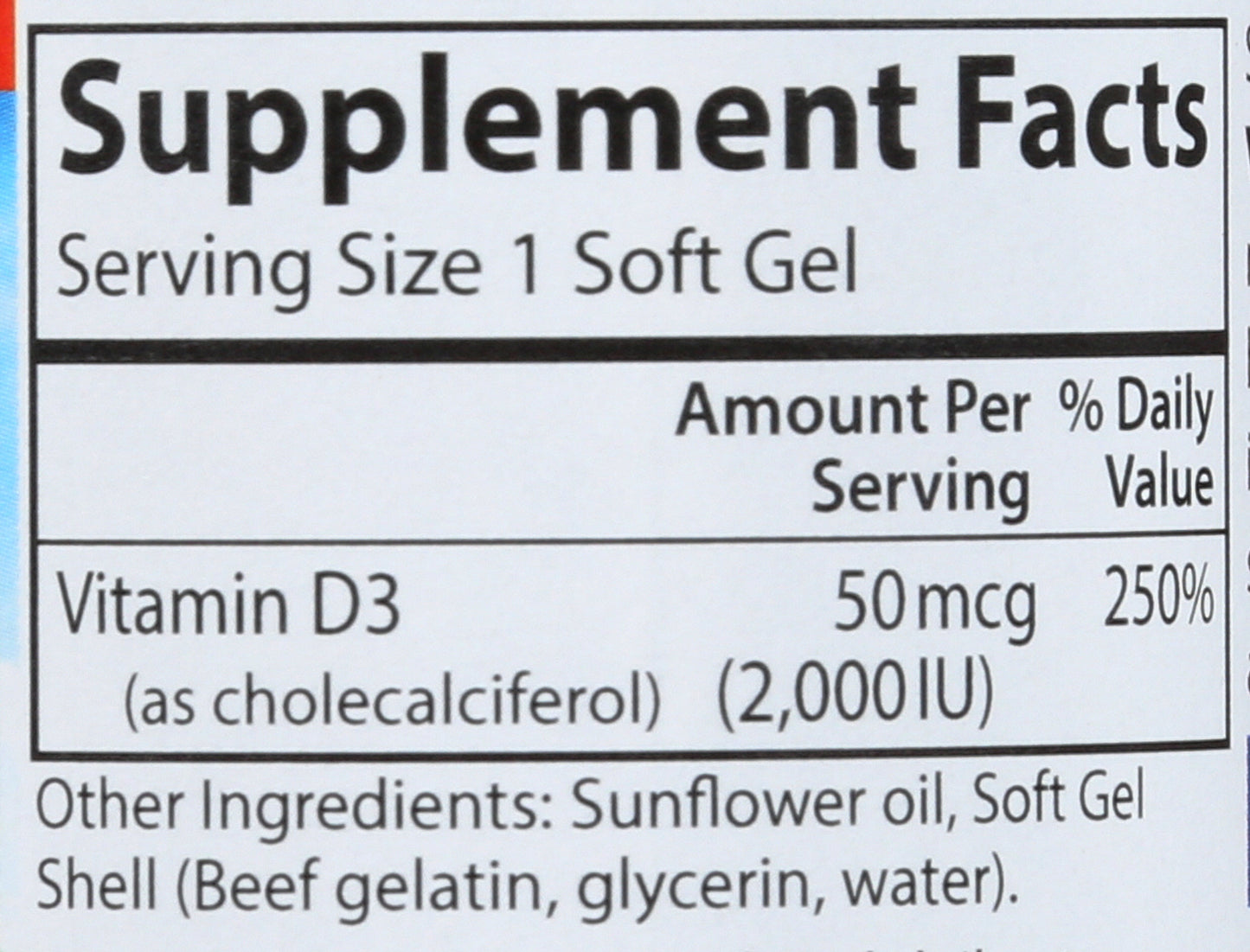 Carlson Vitamin D3 2,000 IU 120 Soft Gels Back of Bottle