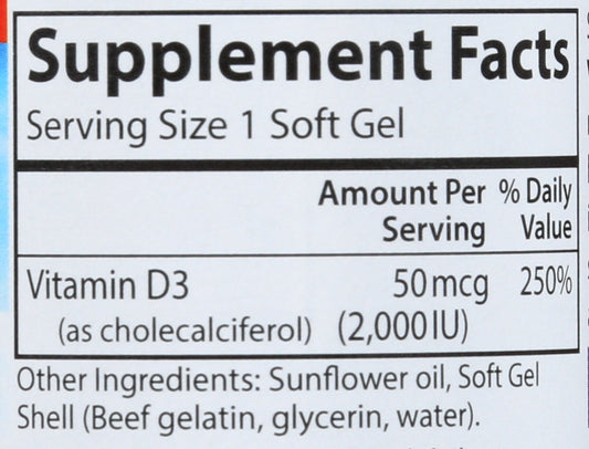 Carlson Vitamin D3 2,000 IU 120 Soft Gels Back of Bottle