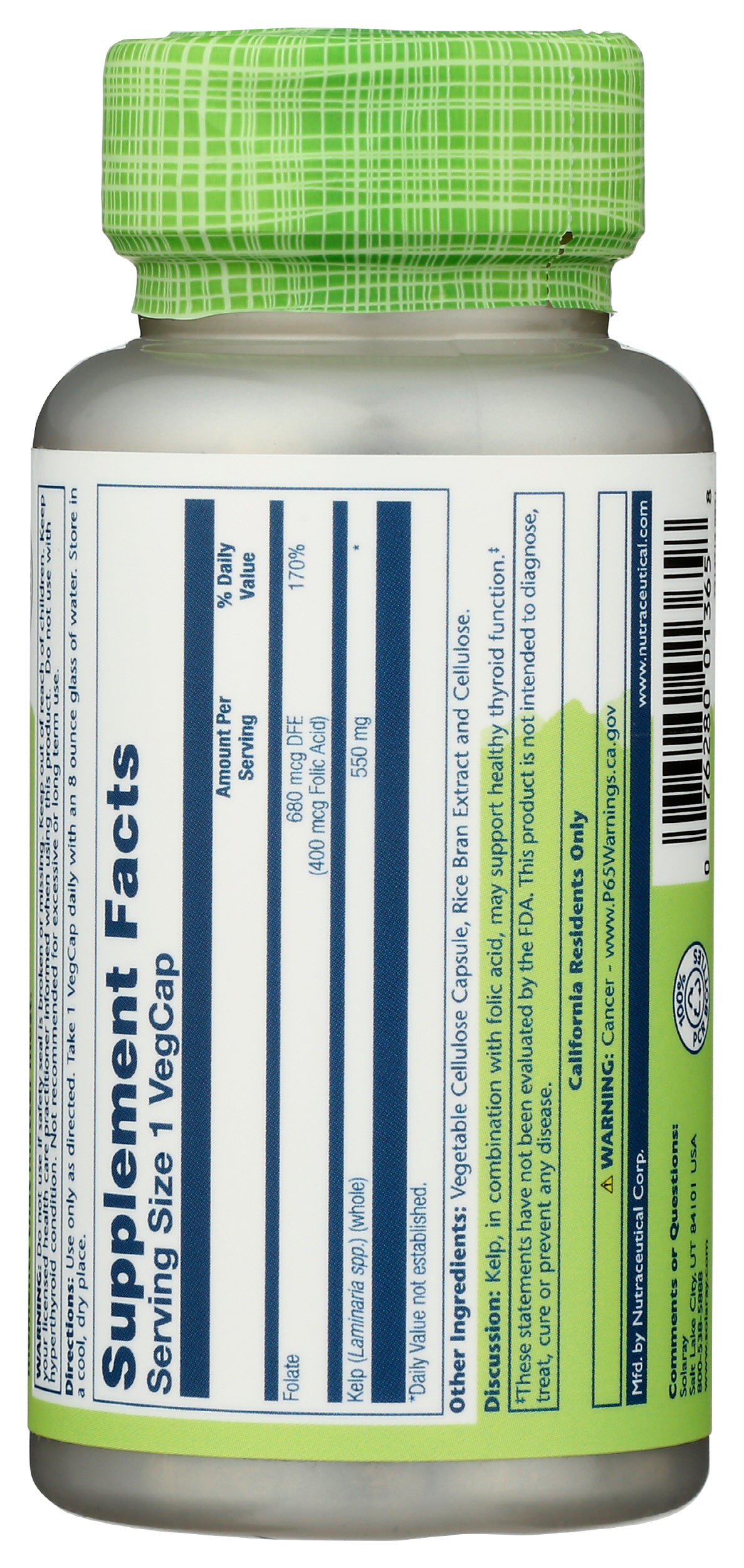 Solaray Kelp 550mg 100 VegCaps Back of Bottle