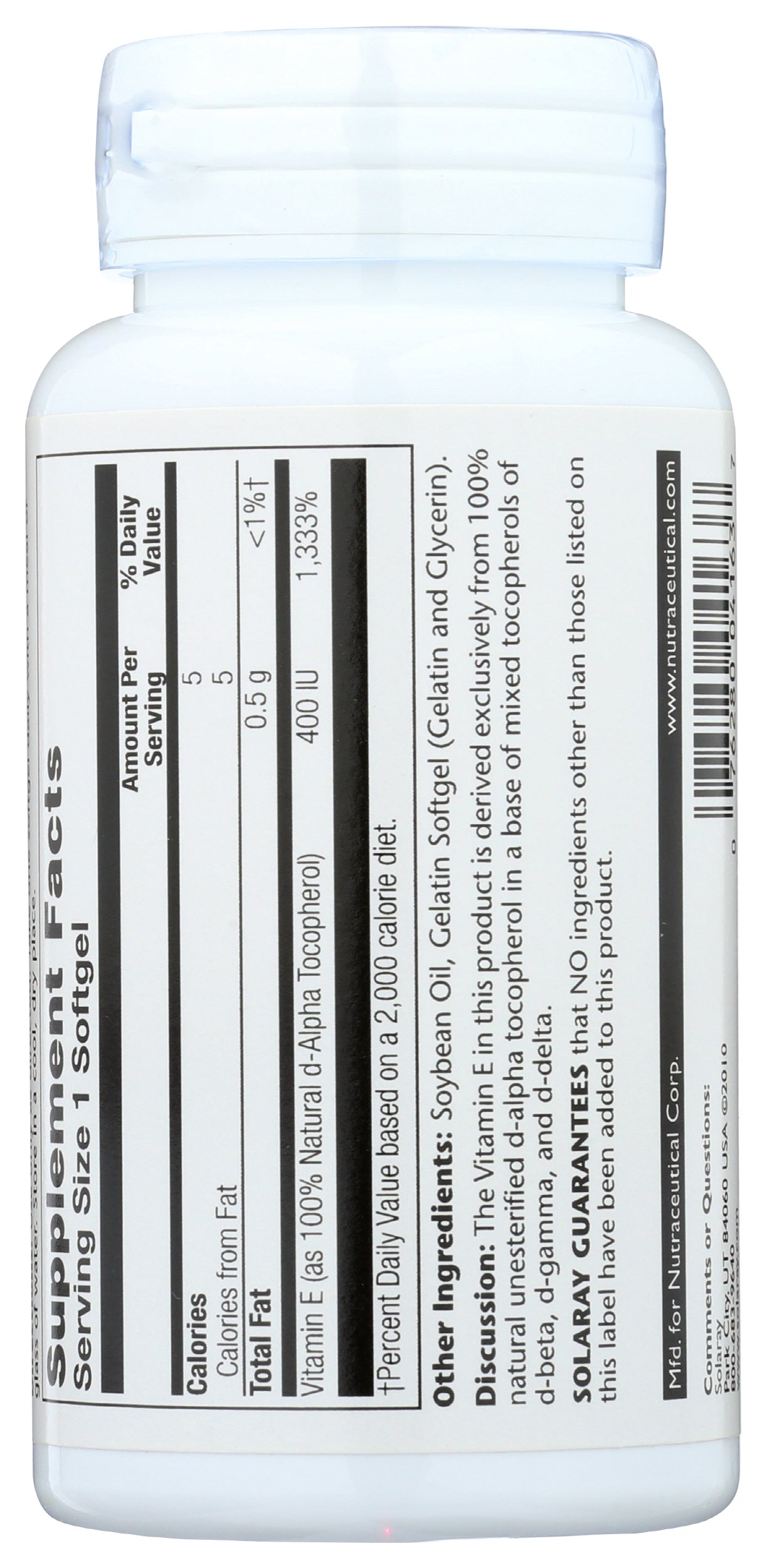 Solaray Vitamin E 268mg 100 Softgels Back of Bottle