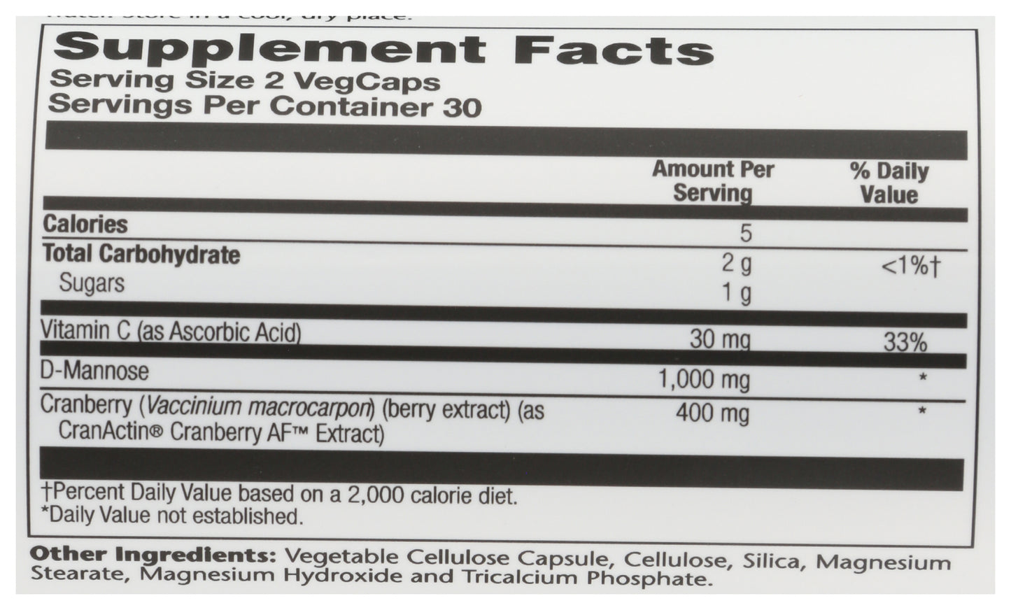 Solaray CranActin D-Mannose 1,000mg 60 VegCaps Back of Bottle