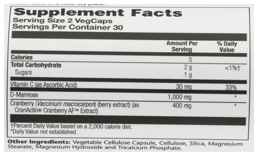 Solaray CranActin D-Mannose 1,000mg 60 VegCaps Back of Bottle