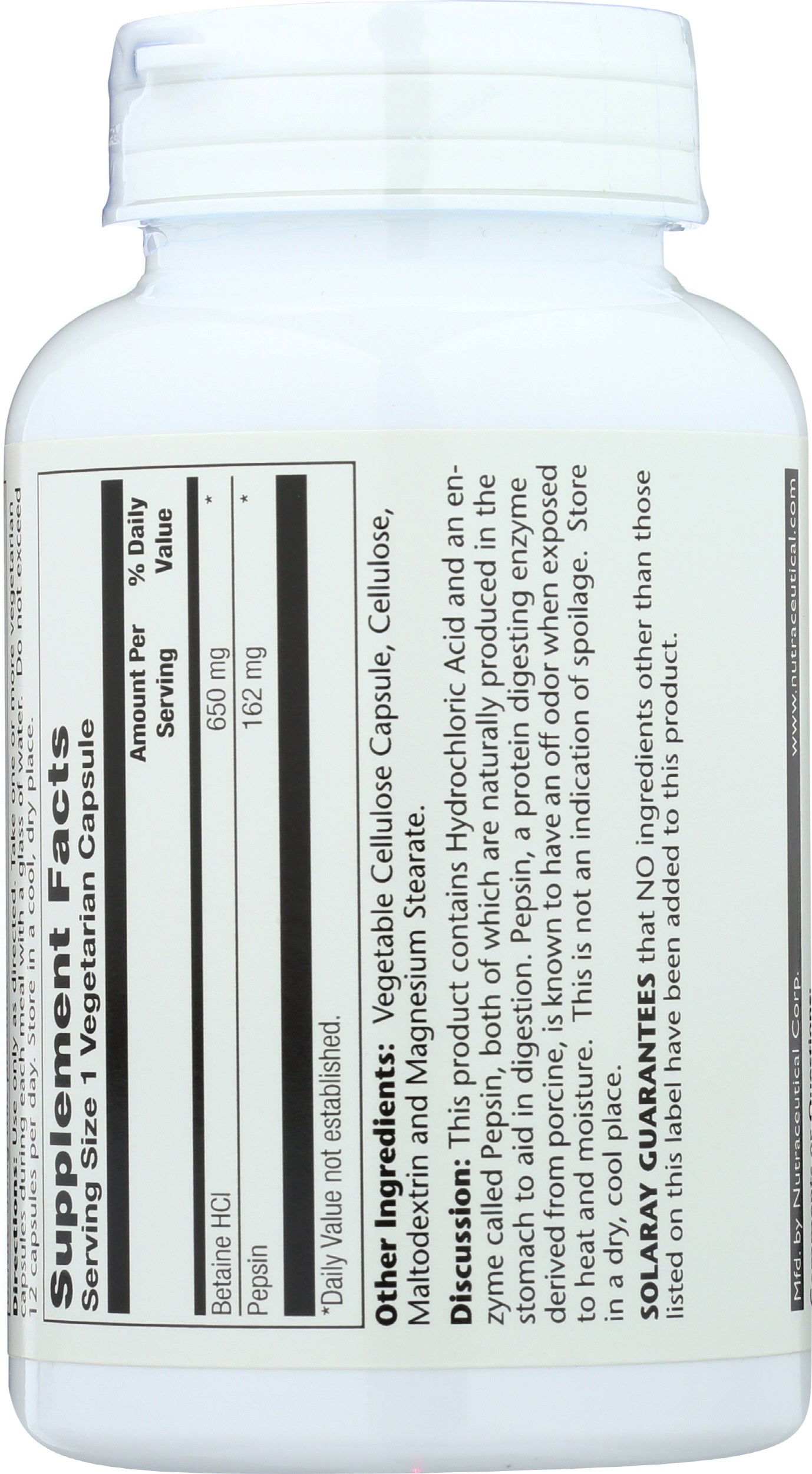 Solaray Betaine HCI 650mg with Pepsin 100 Vegcaps Back