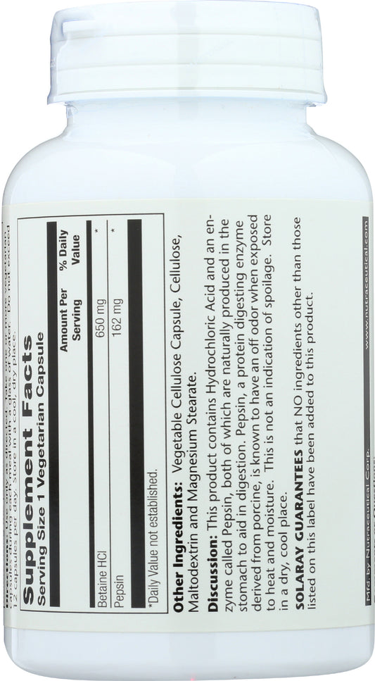 Solaray Betaine HCI 650mg with Pepsin 100 Vegcaps Back