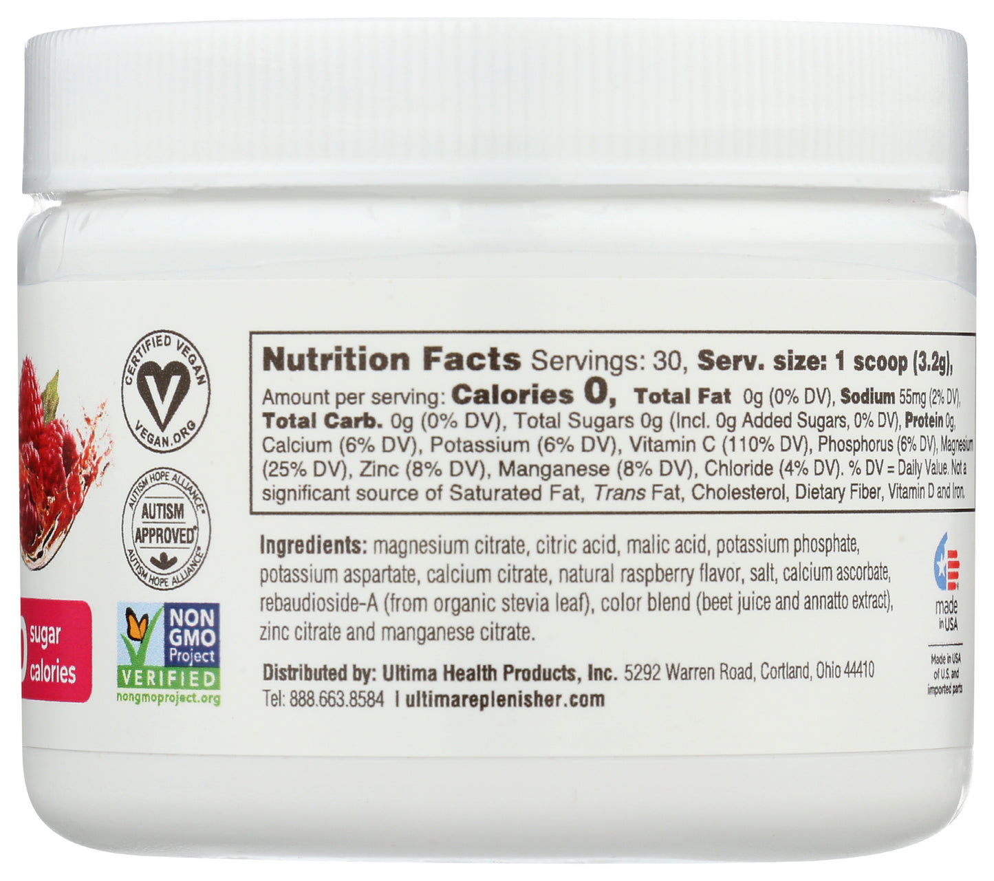 Ultima Replenisher Electrolyte Mix Raspberry Flavor 96g Back of Bottle