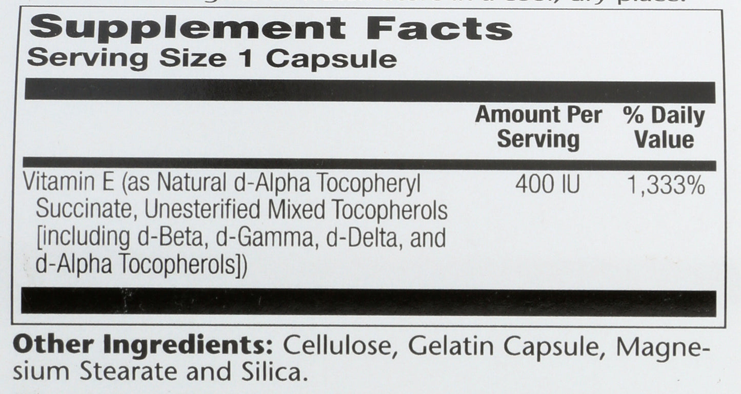 Solaray Dry Form Vitamin E 268mg 100 Capsules Back of Bottle