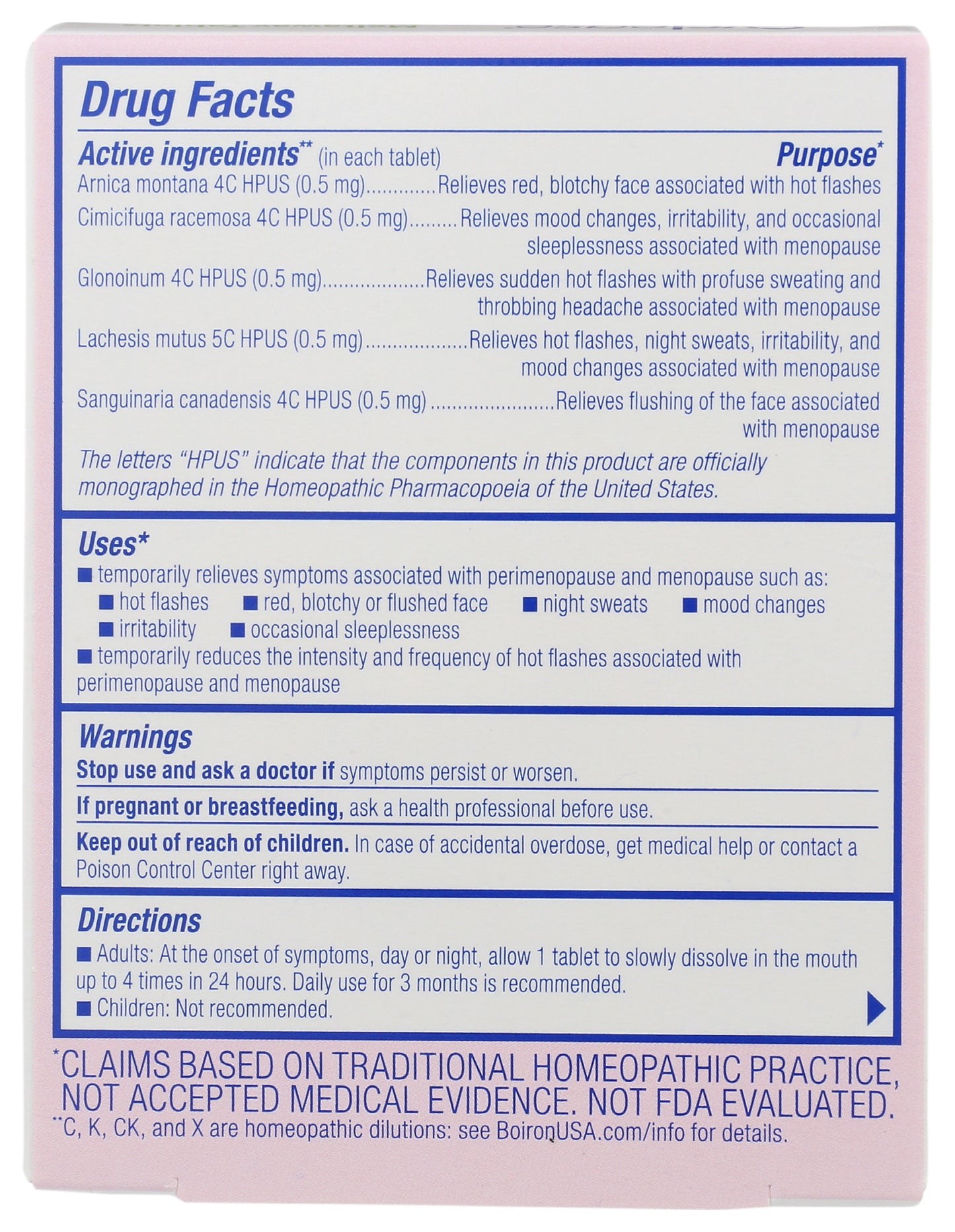 Boiron Cyclease Menopause 60 Tablets Back