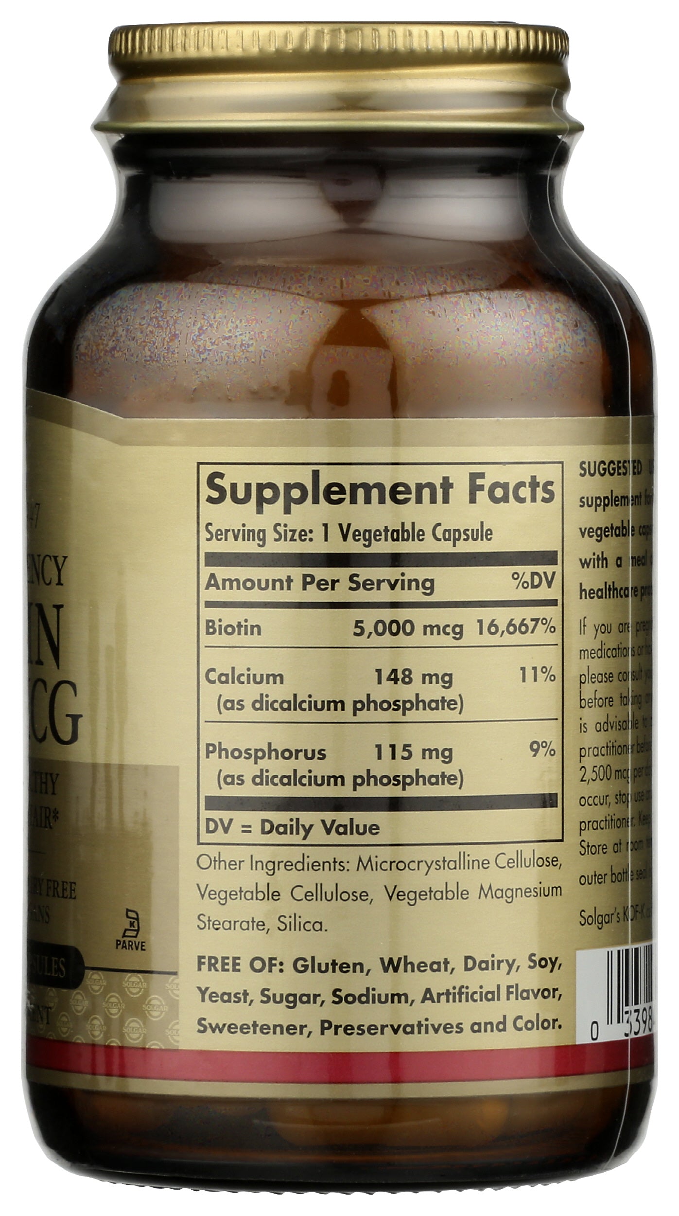 Solgar Biotin 5000 mcg 100 Capsules Back of Bottle