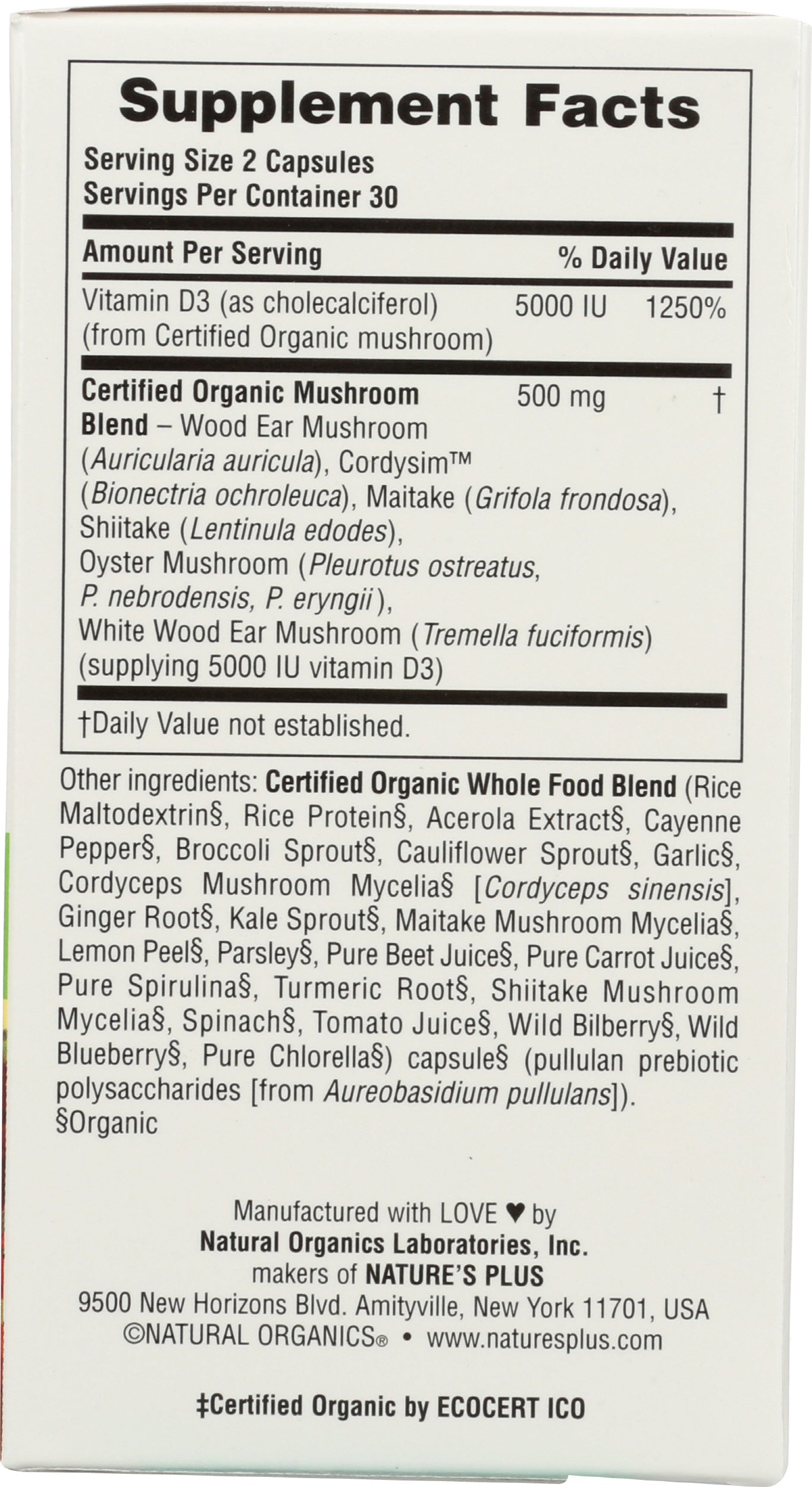 NaturesPlus Source of Life Garden Vitamin D3 60 Vegan Capsules Back of Box