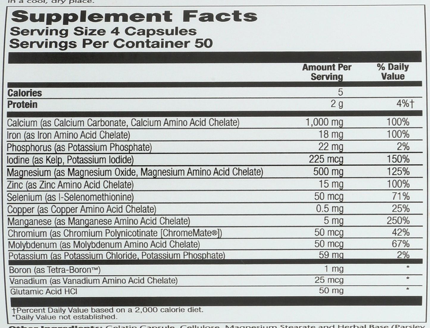 Solaray Mega Multi Mineral 200 Capsules Back of Bottle
