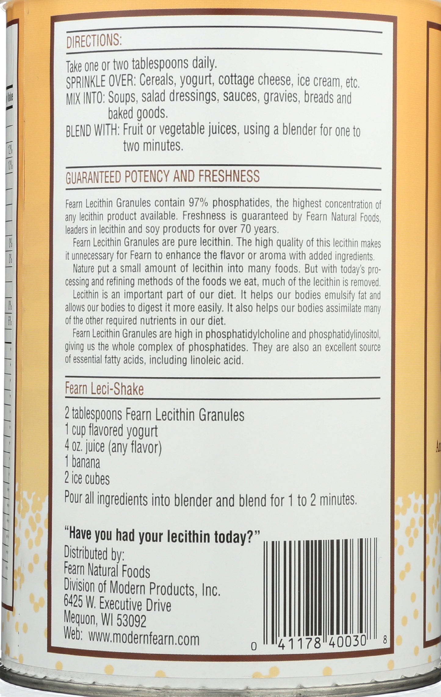 Fearn Lecithin Granules 16 oz. Back