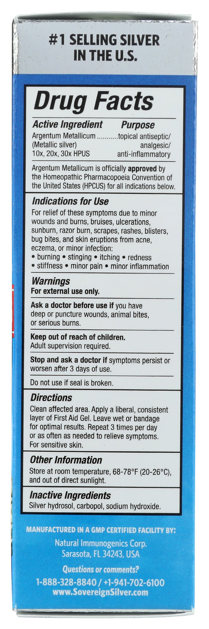 Sovereign Silver First Aid Gel 1 Fl. Oz. Back of Box