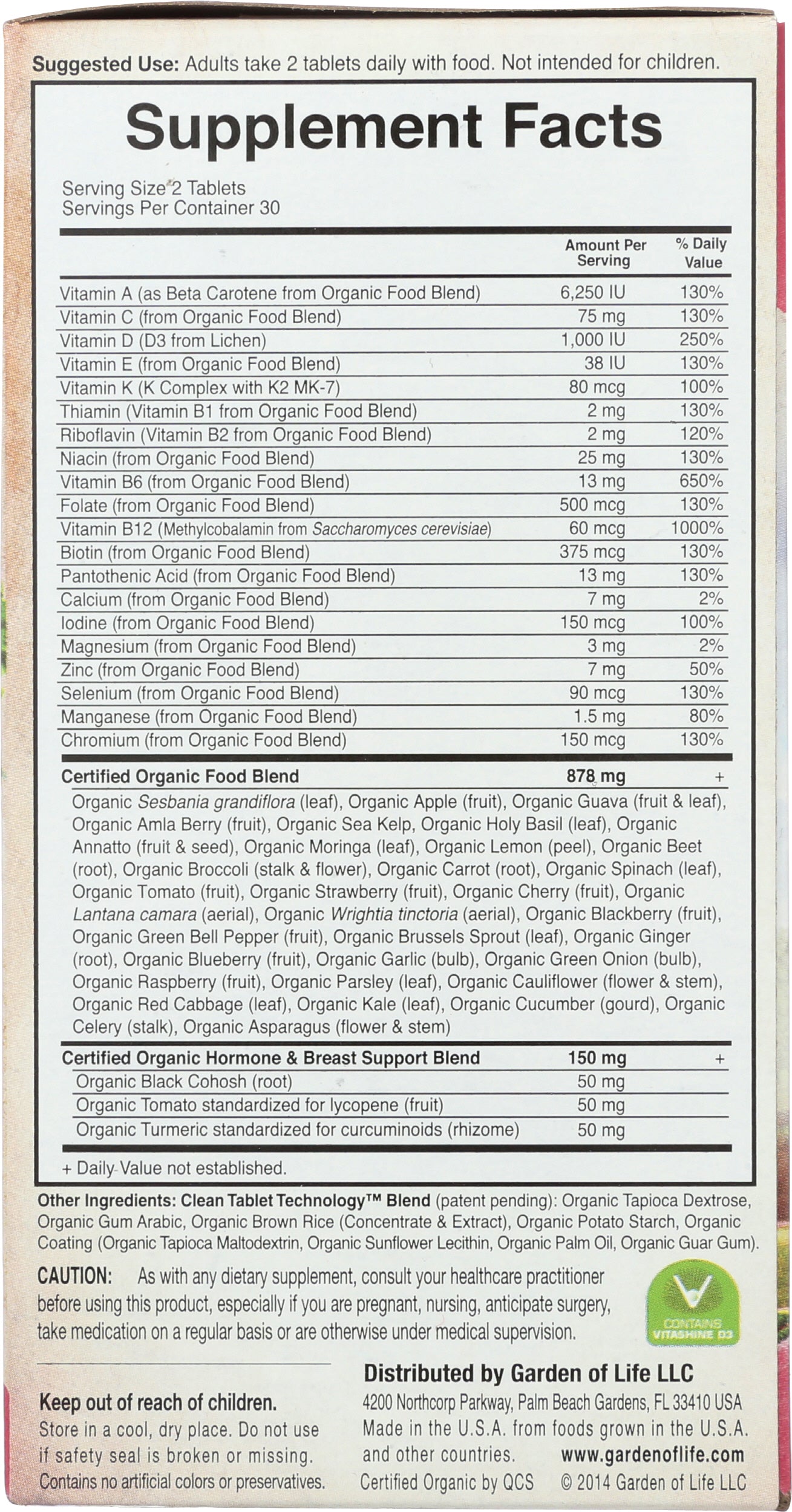 Garden of Life MyKind Organics Women's Multi 40+ 60 Vegan Tablets Back of Box