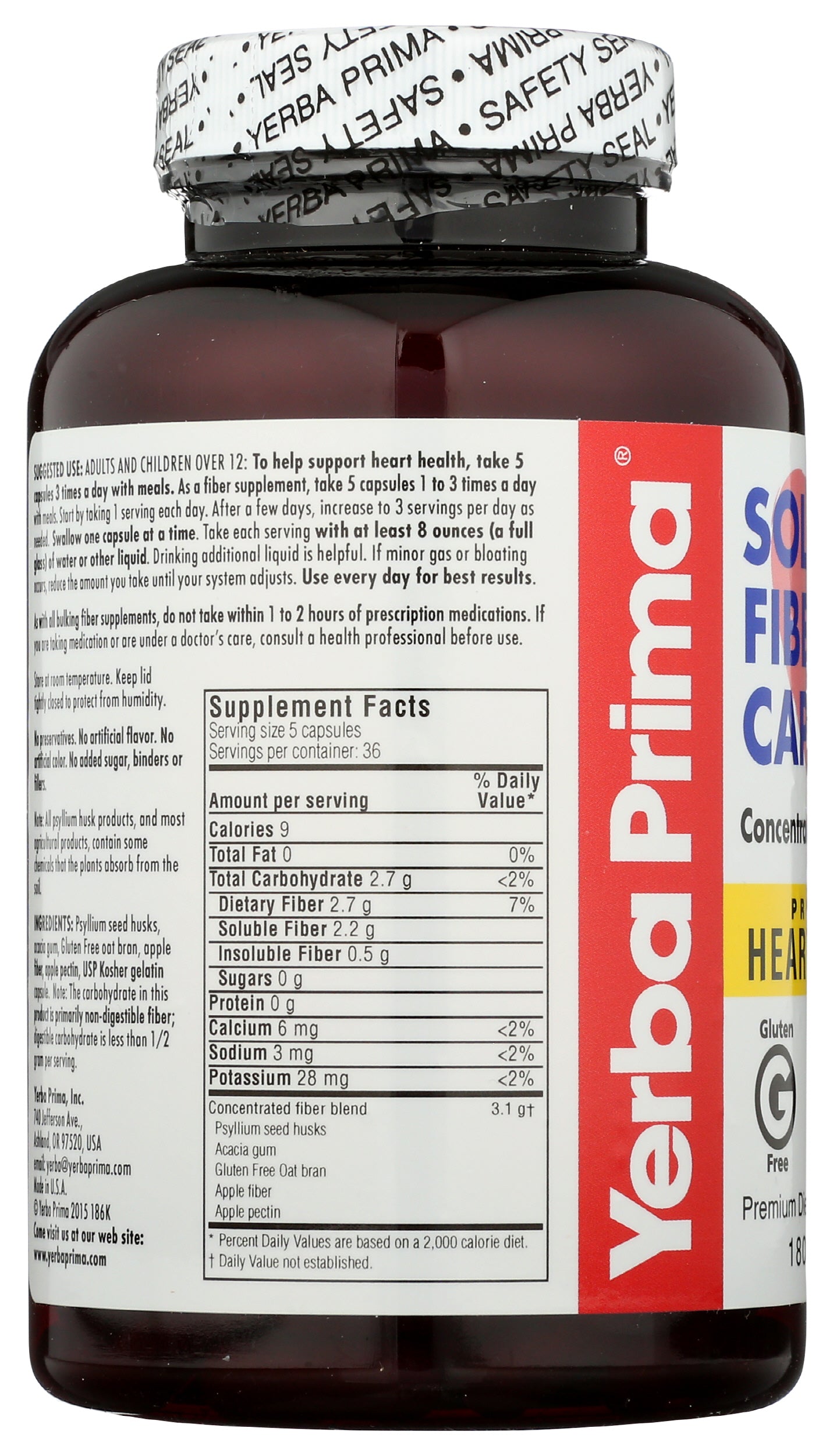 Yerba Prima Soluble Fiber Caps 180 Capsules Back