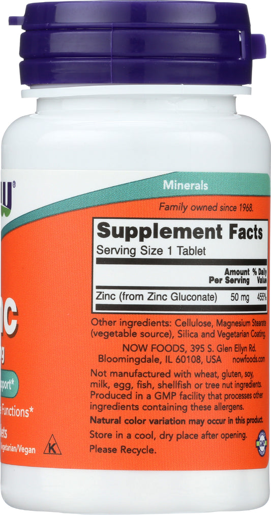 NOW Zinc 50mg 100 Tablets Back of Bottle