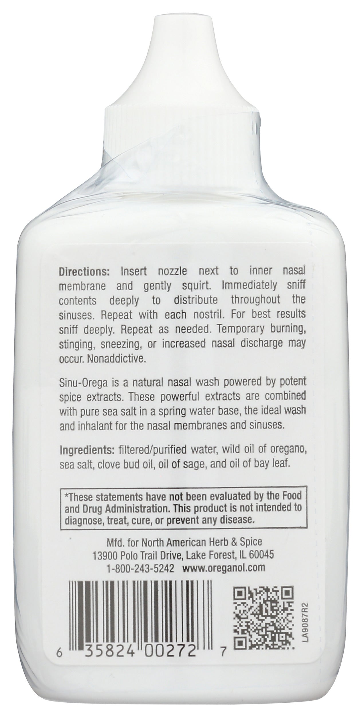 North American Herb & Spice SinuOrega 2 fl oz Back of Bottle