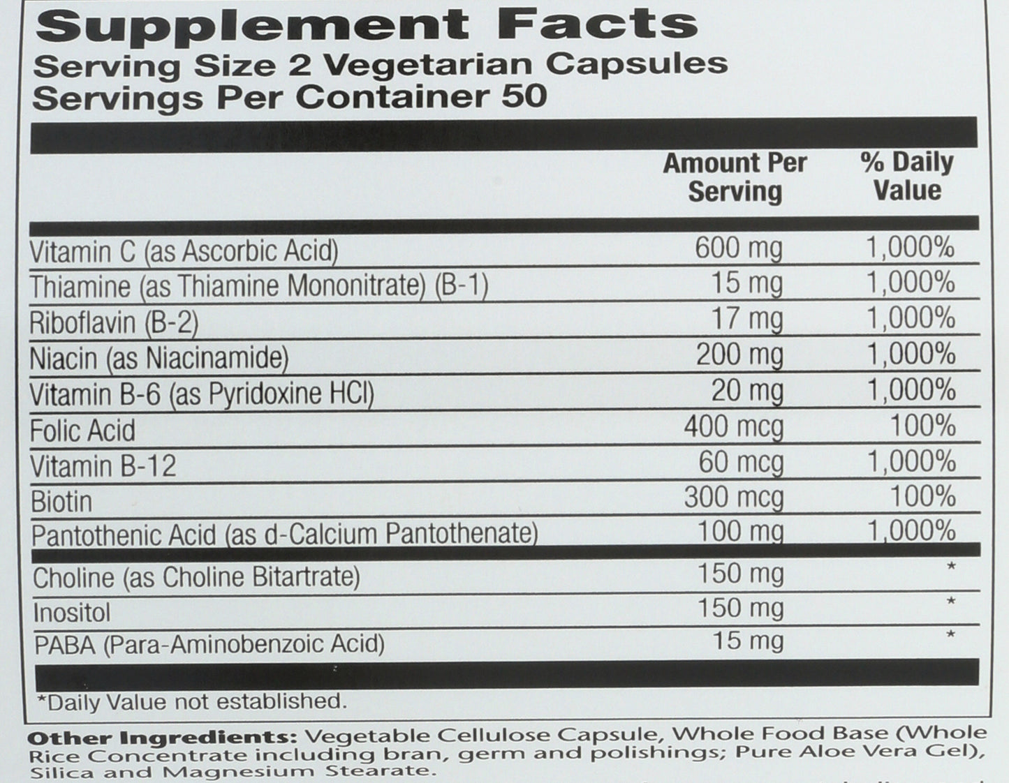 Solaray Balanced B-Stress with Vitamin C 100 VegCaps Back of Bottle