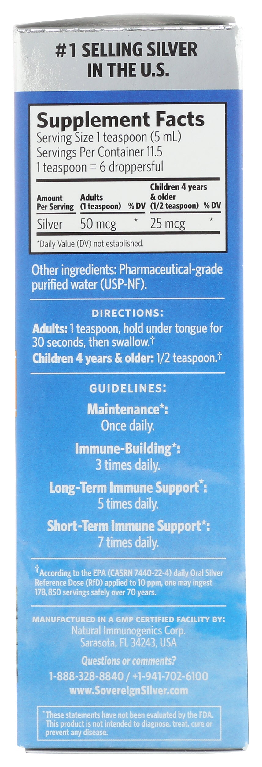 Sovereign Silver Bio-Active Silver Hydrosol Dropper-Top 2 Fl. Oz. Back of Box